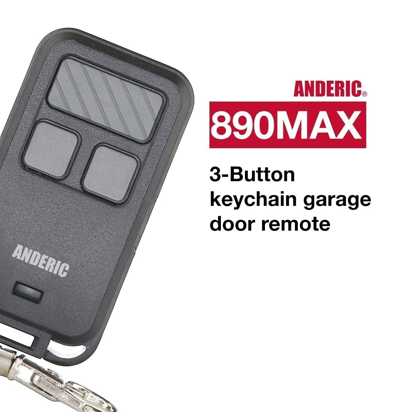 Anderic 890MAX 3-button keychain garage door remote control with Security+2.0 encryption.