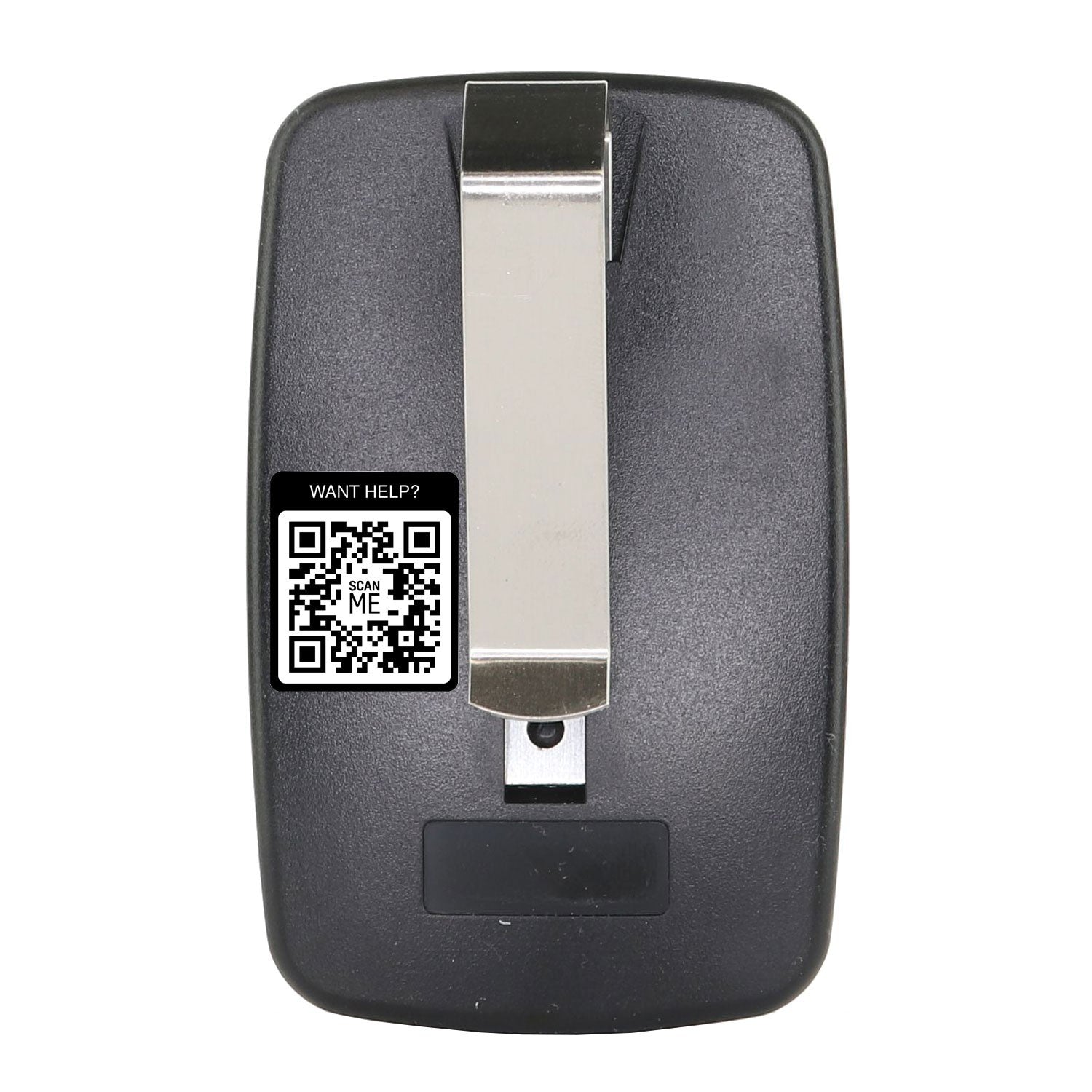 Anderic 375UT-2button garage door remote control back view with metal visor clip and QR code help label