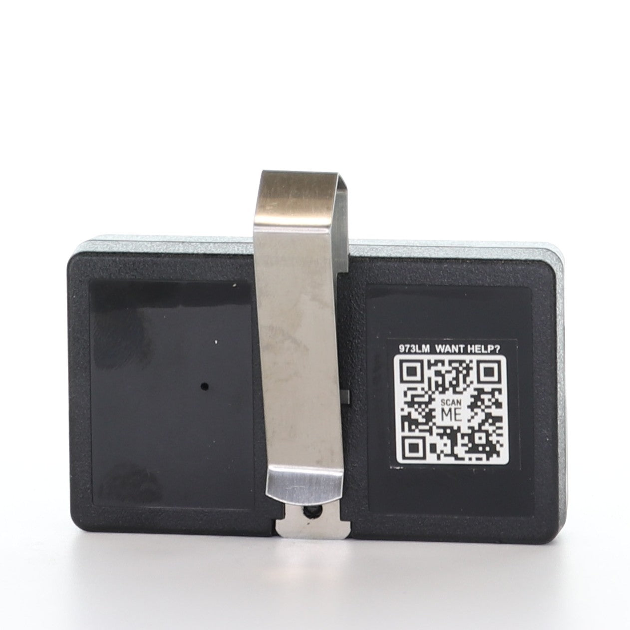 Anderic 973LM garage door remote control back view with metal visor clip and QR code label