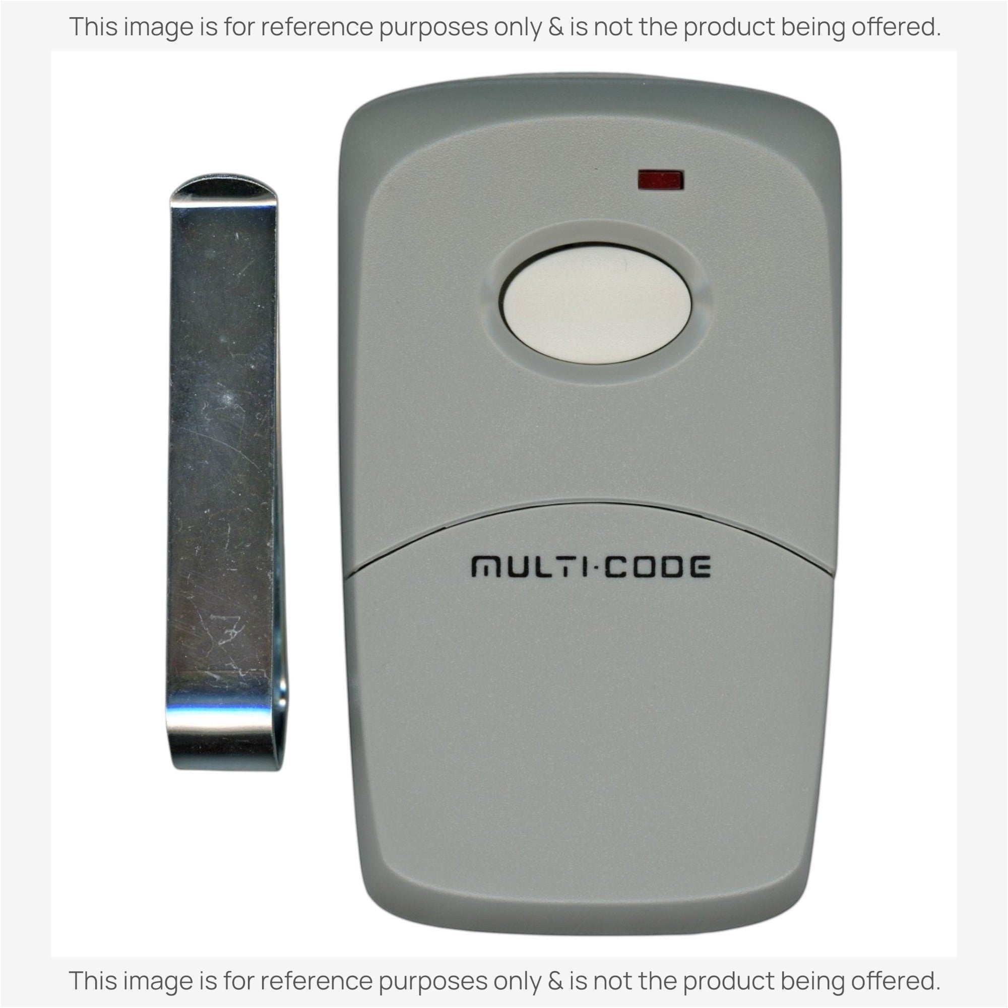 Anderic 300 MHz garage door remote with one button and a metal visor clip for Multi-Code and Multi-Elmac systems.