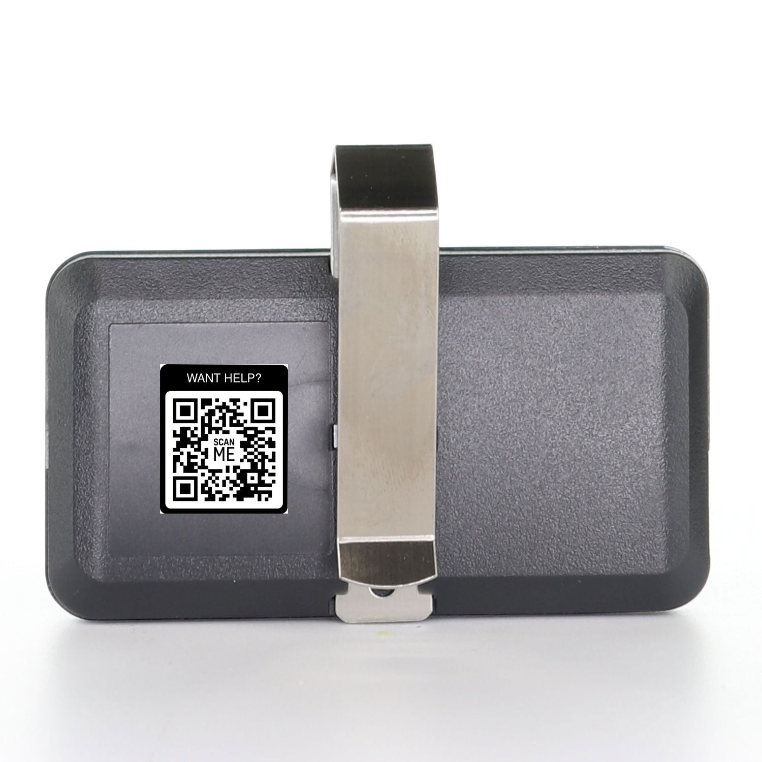 Anderic garage door opener remote control with a metal visor clip and a Scan Me QR code label on the back.