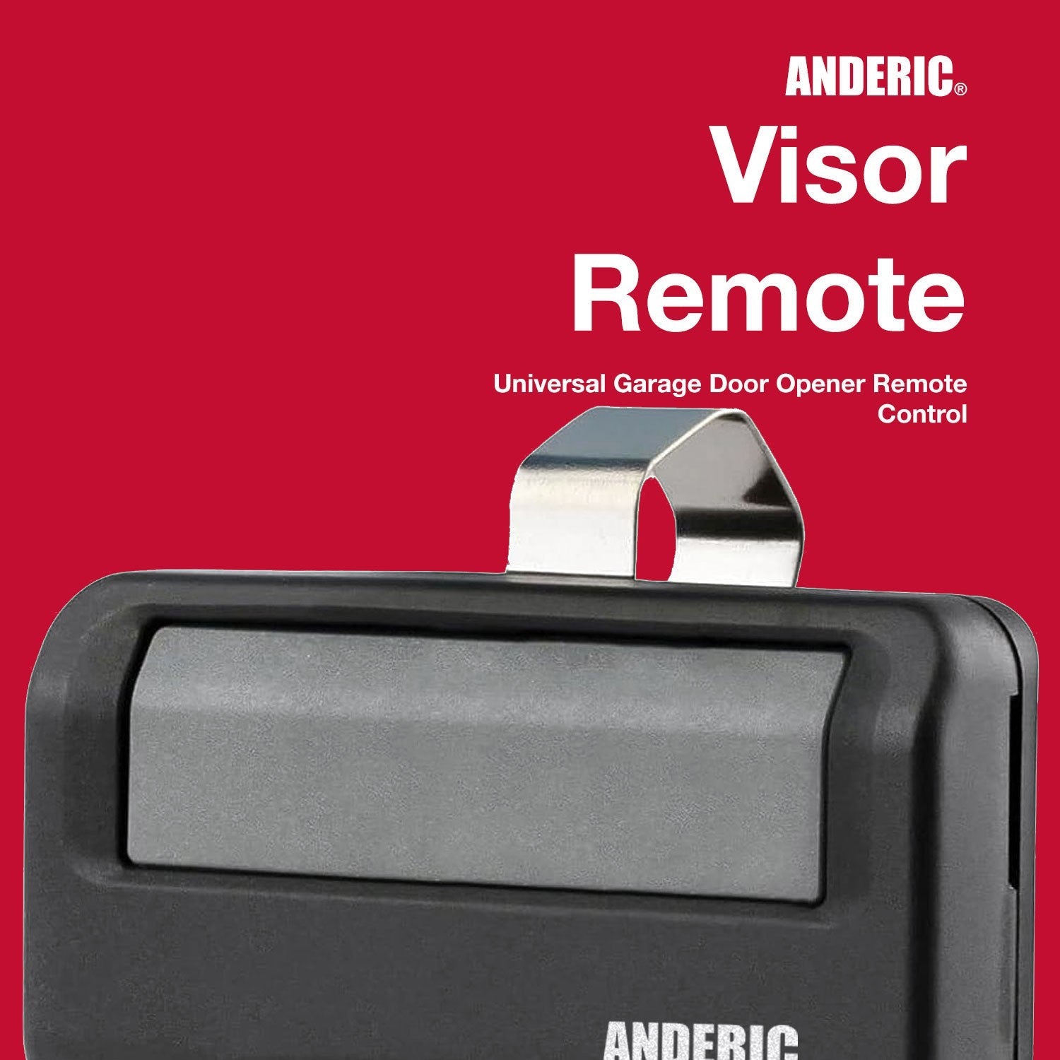 Anderic garage door opener remote with a black casing and grey button, featuring a silver metal visor clip.