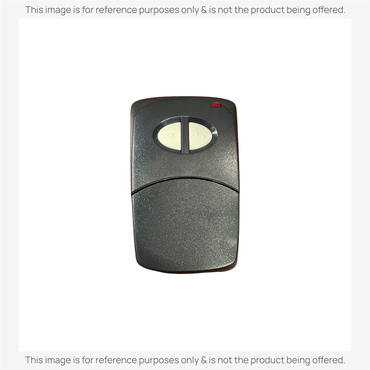 Anderic 2-channel garage door opener remote in black with two white buttons and a red LED indicator light.