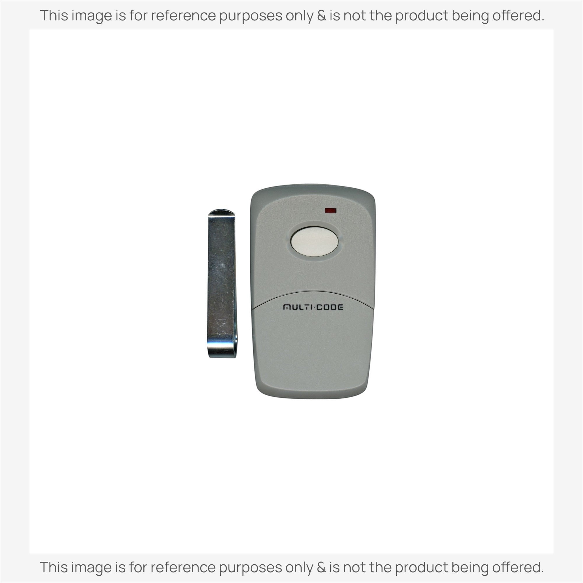 Anderic 300 MHz garage door remote with a grey plastic casing, single button, and metal visor clip.