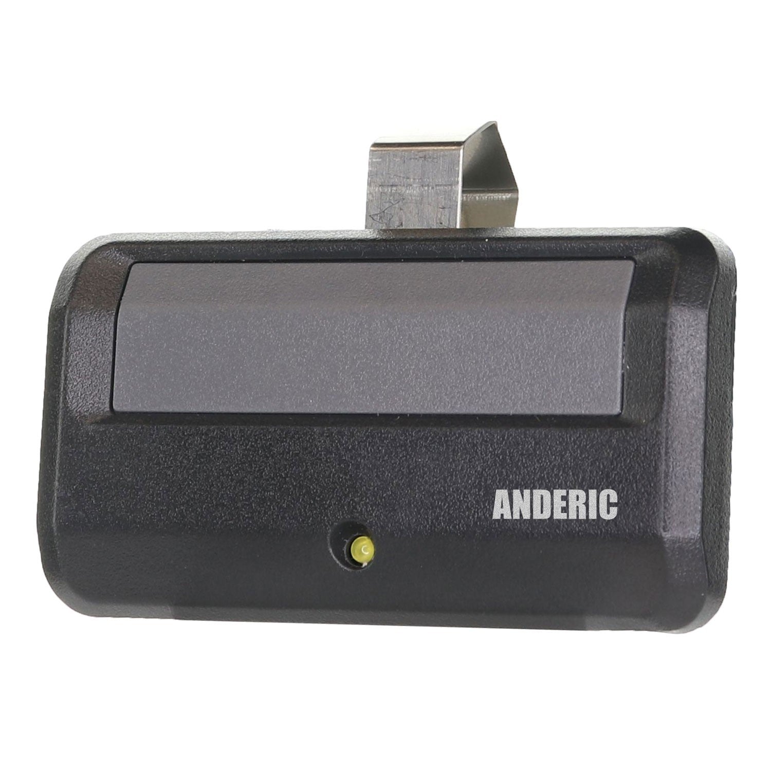 Anderic 1-button garage door opener remote in black with a metal visor clip and LED indicator light.