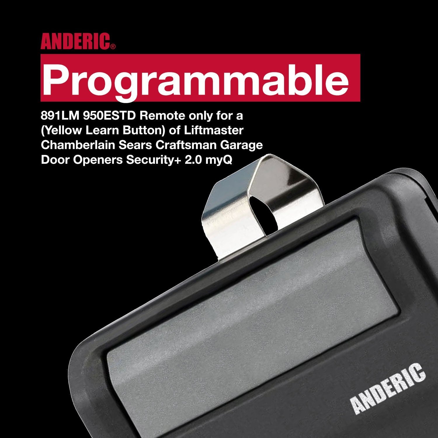 Anderic replacement garage door remote for Chamberlain 950ESTD-P2 with a black casing and metal visor clip