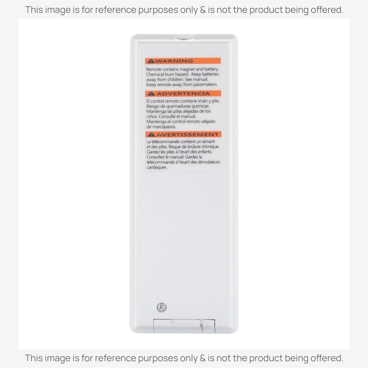 Anderic replacement remote control for GE air conditioners showing the white back panel with safety warning labels.