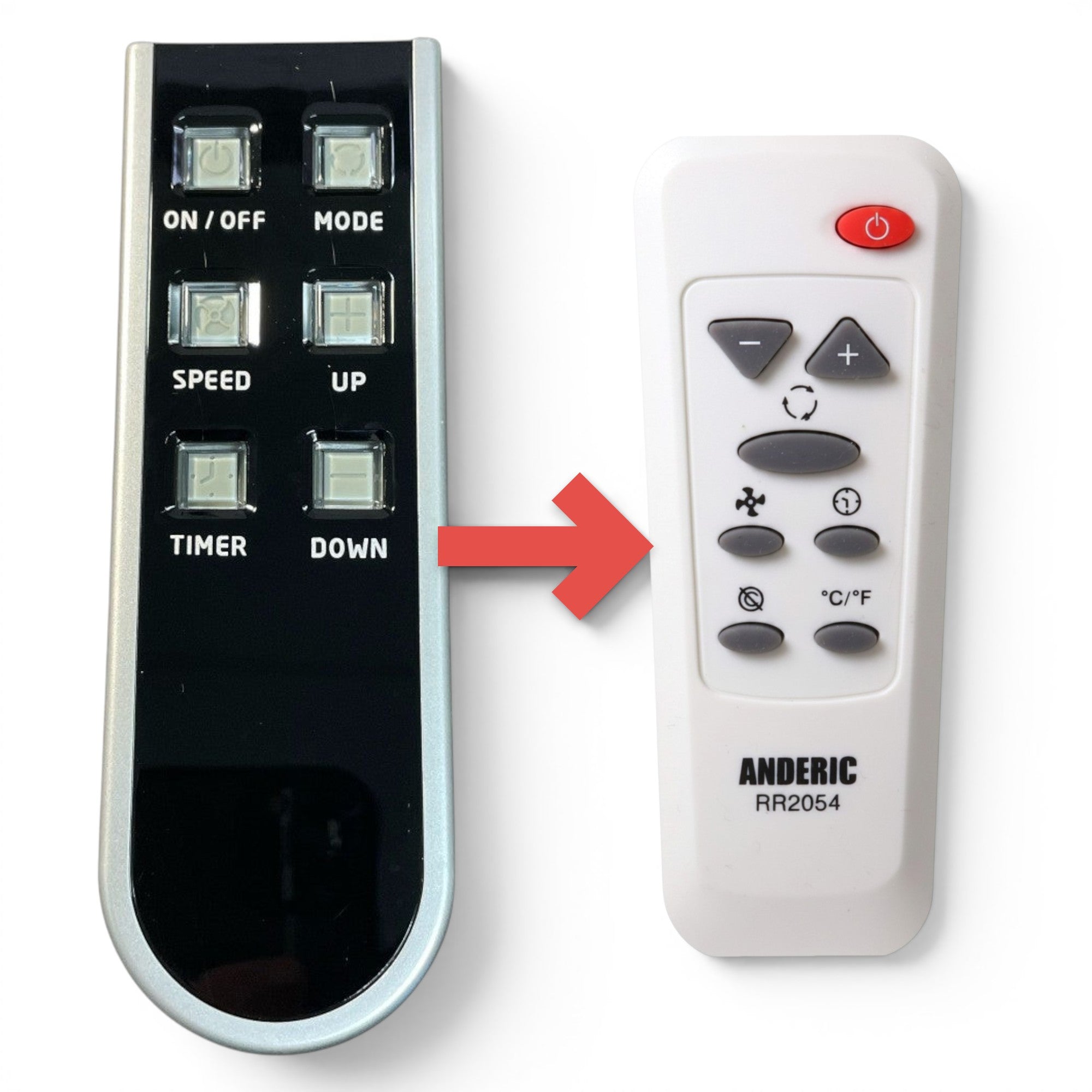 Anderic RR2054 replacement remote control for GE General Electric portable air conditioners with six function buttons.