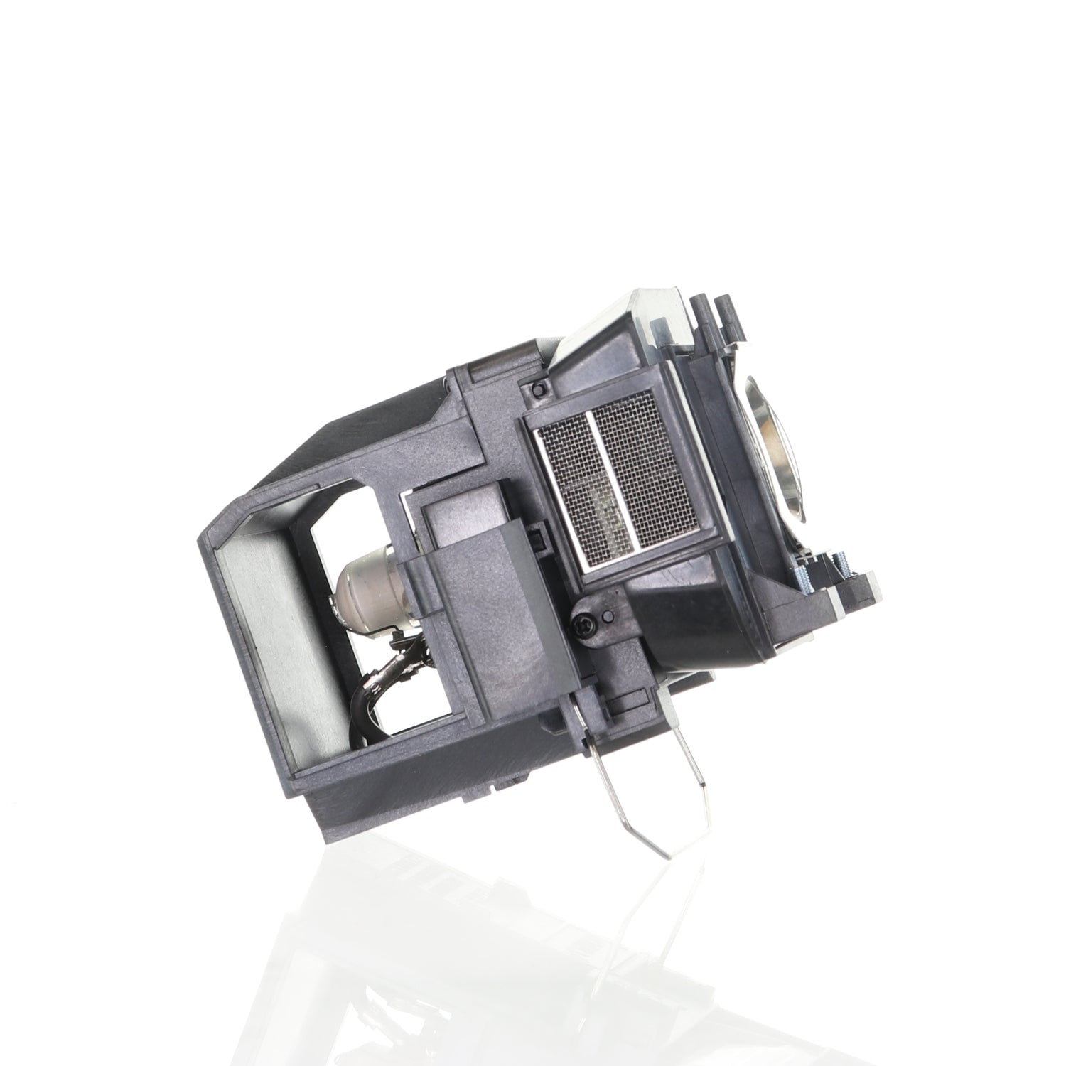 A sleek black electronic device with metal components and a small lamp, possibly the Generic V13H010L85 for Epson Projector Lamp Assembly, sits elegantly on a reflective white surface.