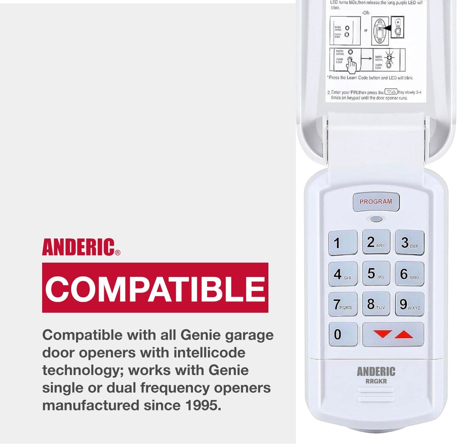 Anderic wireless garage door keypad with backlit buttons and flip cover, compatible with Genie Intellicode openers.