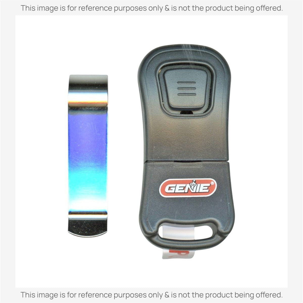 Anderic G3TBX single-button garage door remote control with metal visor clip, compatible with Genie Intellicode systems.