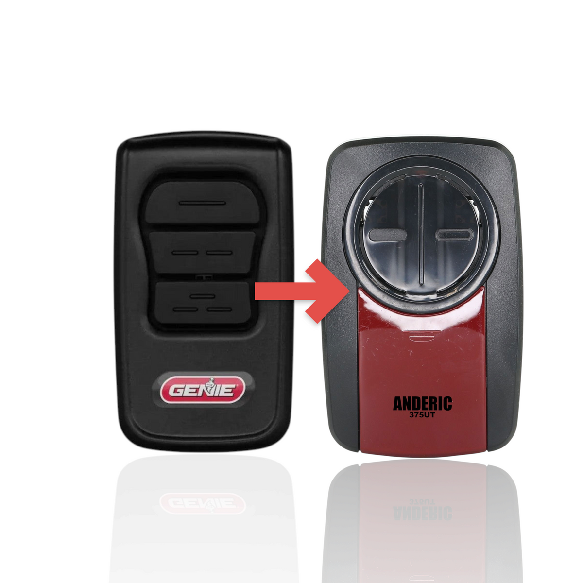 Anderic 3-button garage door opener remote for Genie systems with black casing and central logo