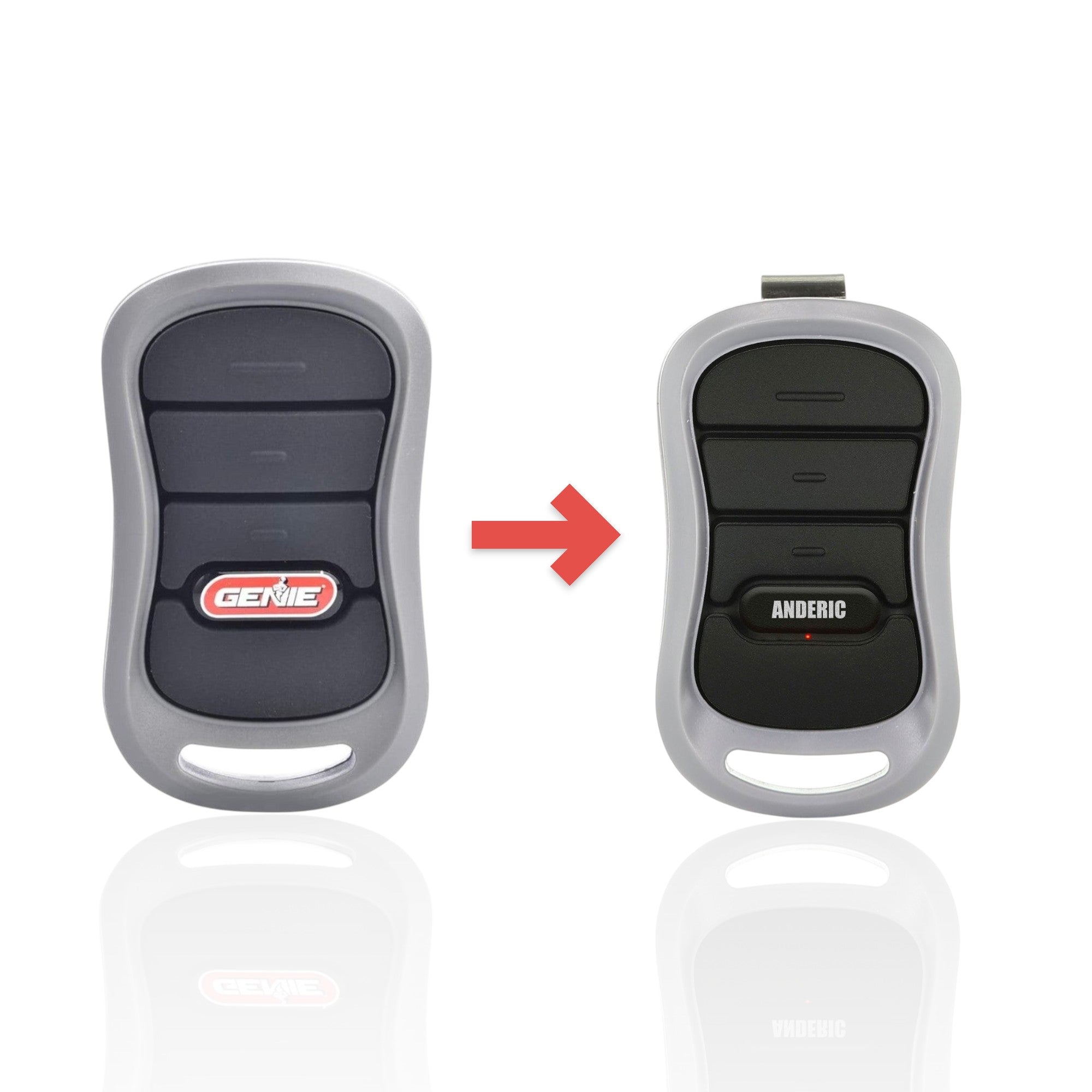 Anderic 3-button garage door remote control replacement for Genie Intellicode systems in grey and black.