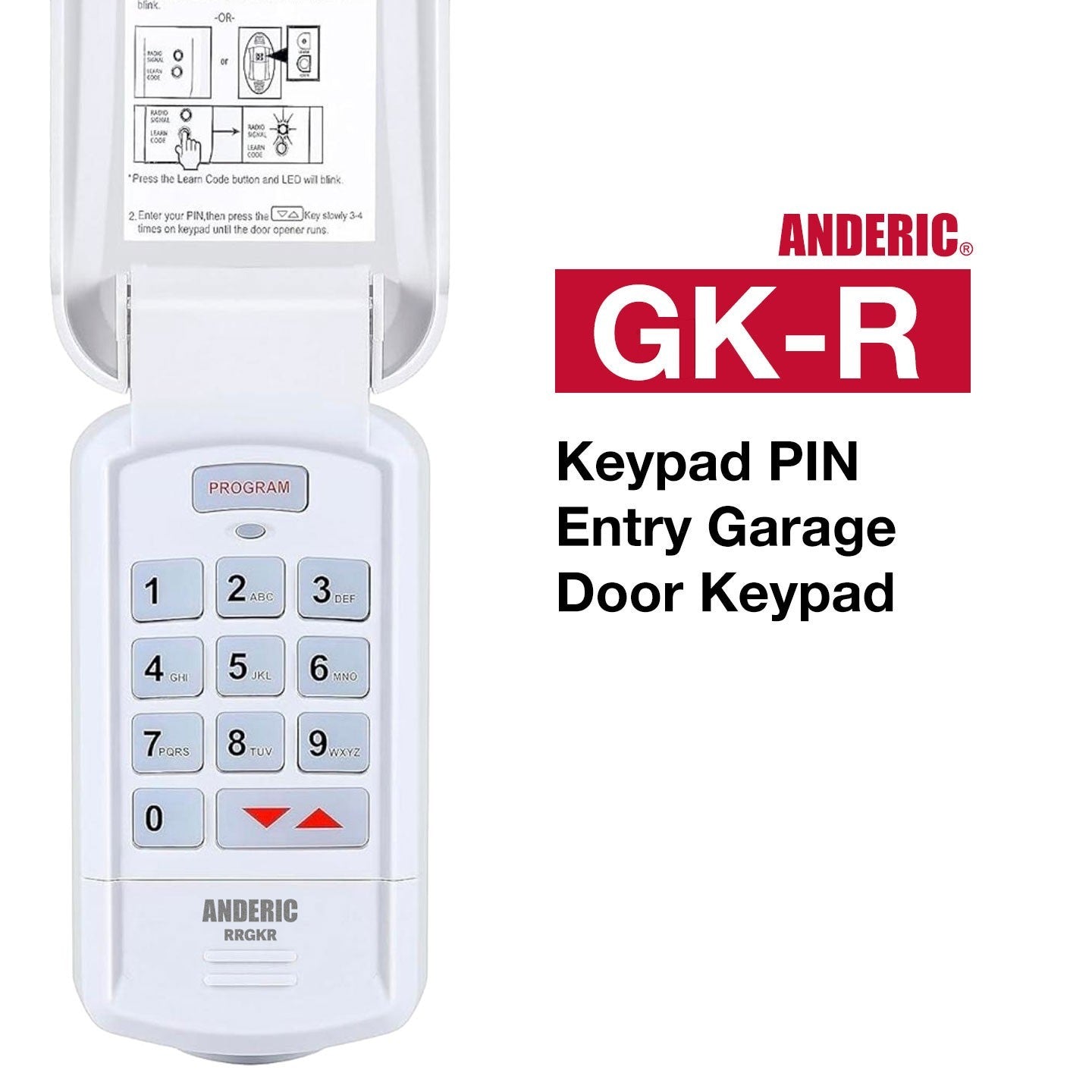 Anderic GK-R wireless garage door keypad with a white flip cover, backlit number buttons, and programming instructions.