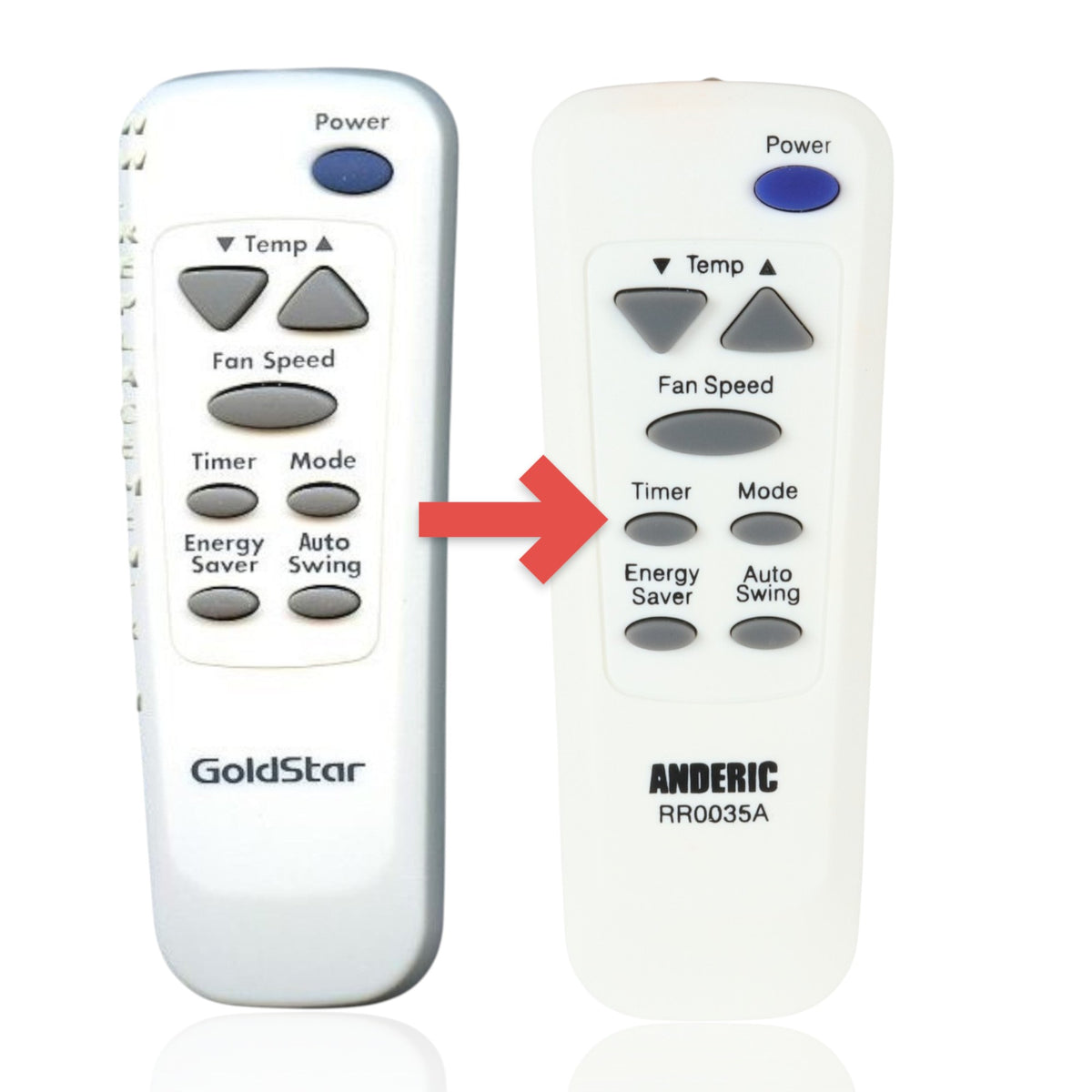 Anderic replacement remote control for GoldStar air conditioners with white casing and grey function buttons.