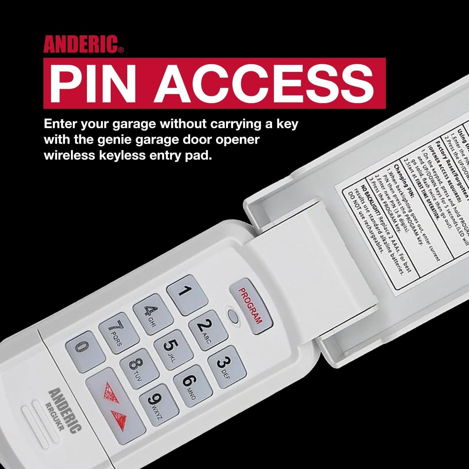 Anderic GUK-R wireless garage door keypad with numeric buttons and program key for universal remote access.