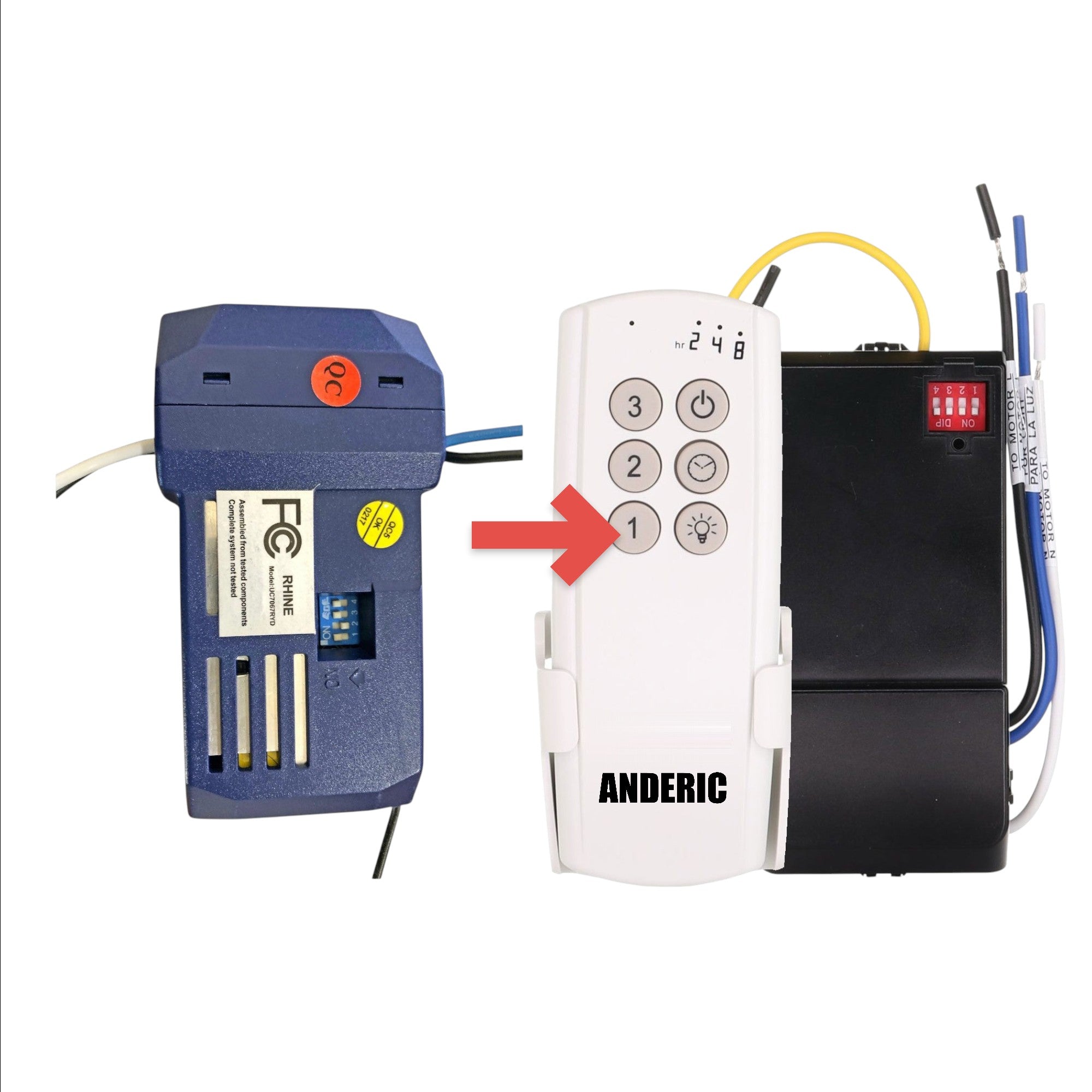 Anderic replacement ceiling fan receiver for Hampton Bay UC7067RYD with blue plastic housing and dip switches.