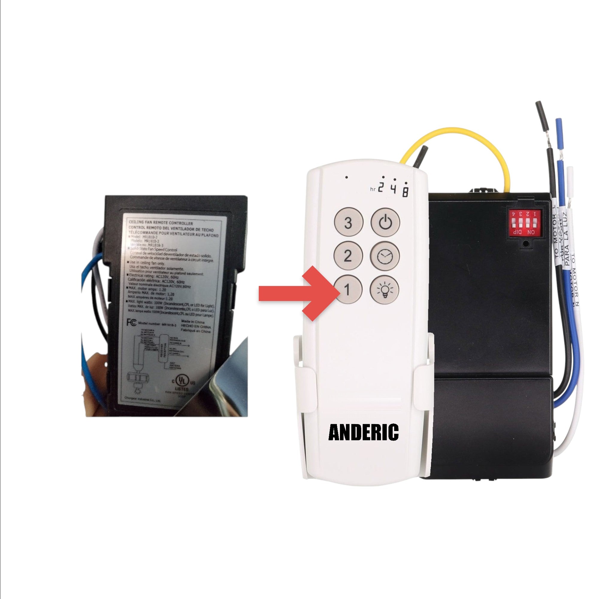 Anderic replacement receiver for Hampton Bay MR181B-3 ceiling fan remote control with wiring diagram label