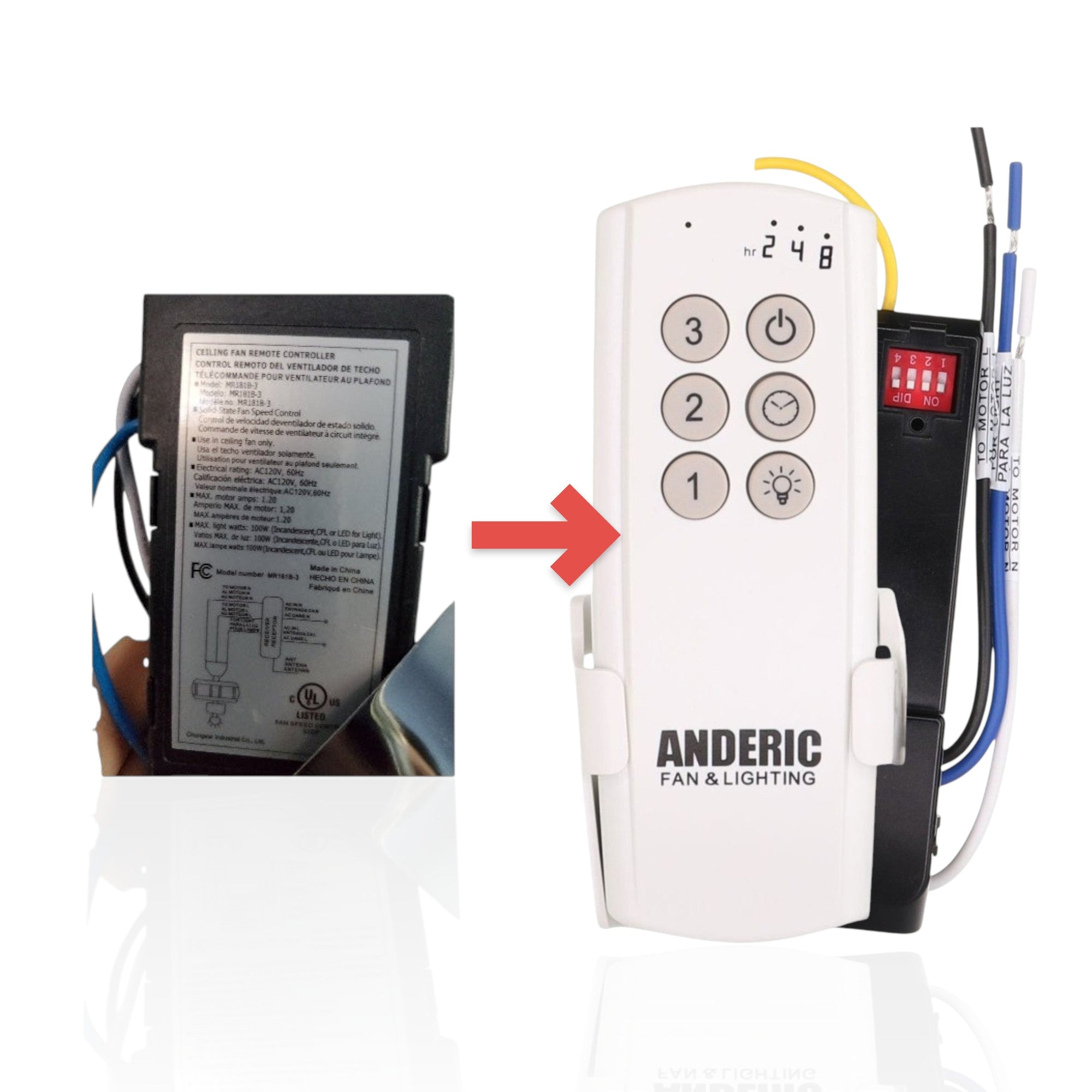 Anderic ceiling fan receiver unit for Hampton Bay MR181B-3 with technical specifications and wiring labels