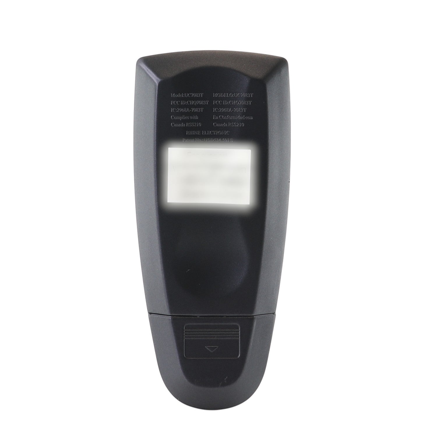 Anderic RR7083TUDL black plastic replacement remote control for Hampton Bay ceiling fans, back view.