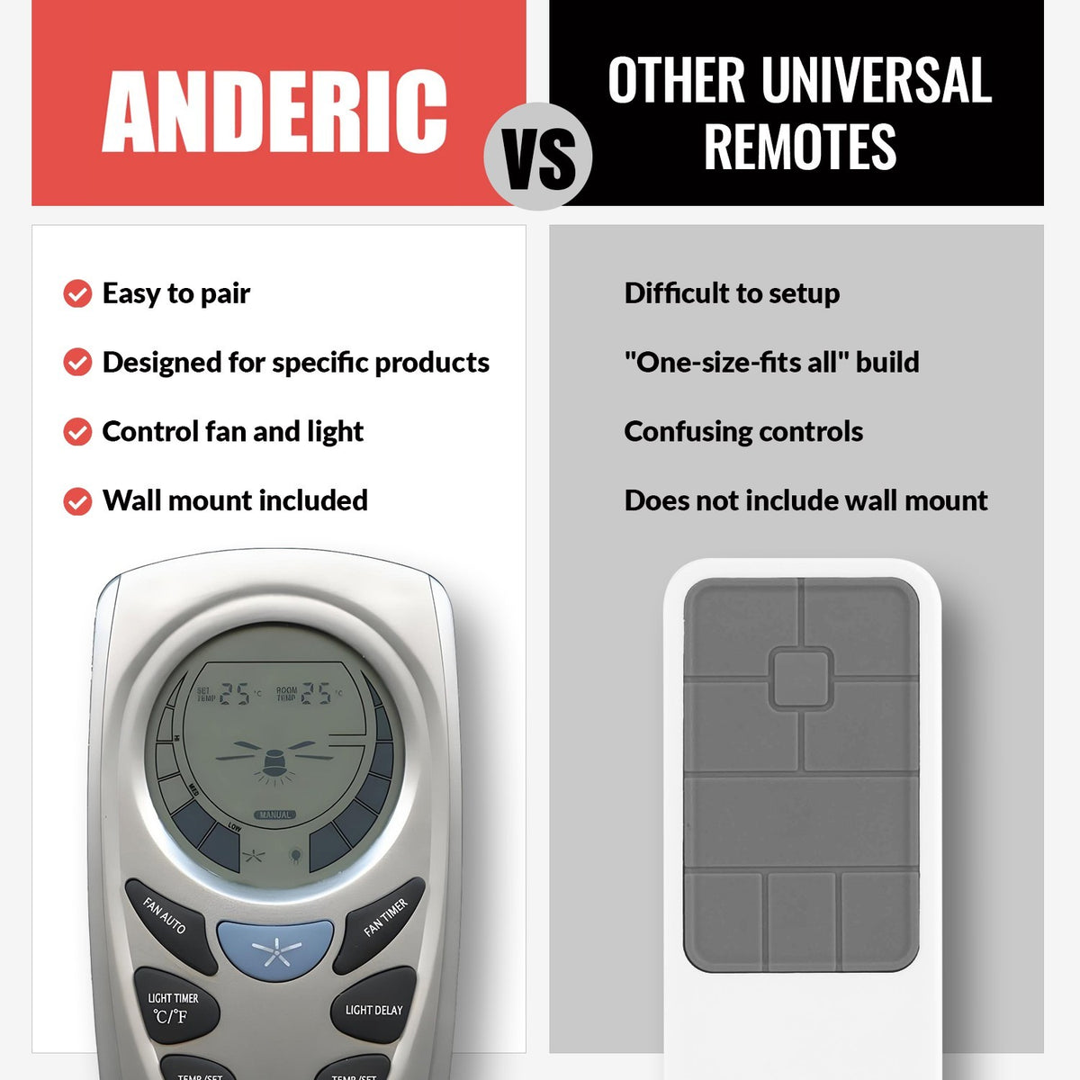 Anderic RR7087T replacement remote for Hampton Bay ceiling fans compared to a generic universal remote control.