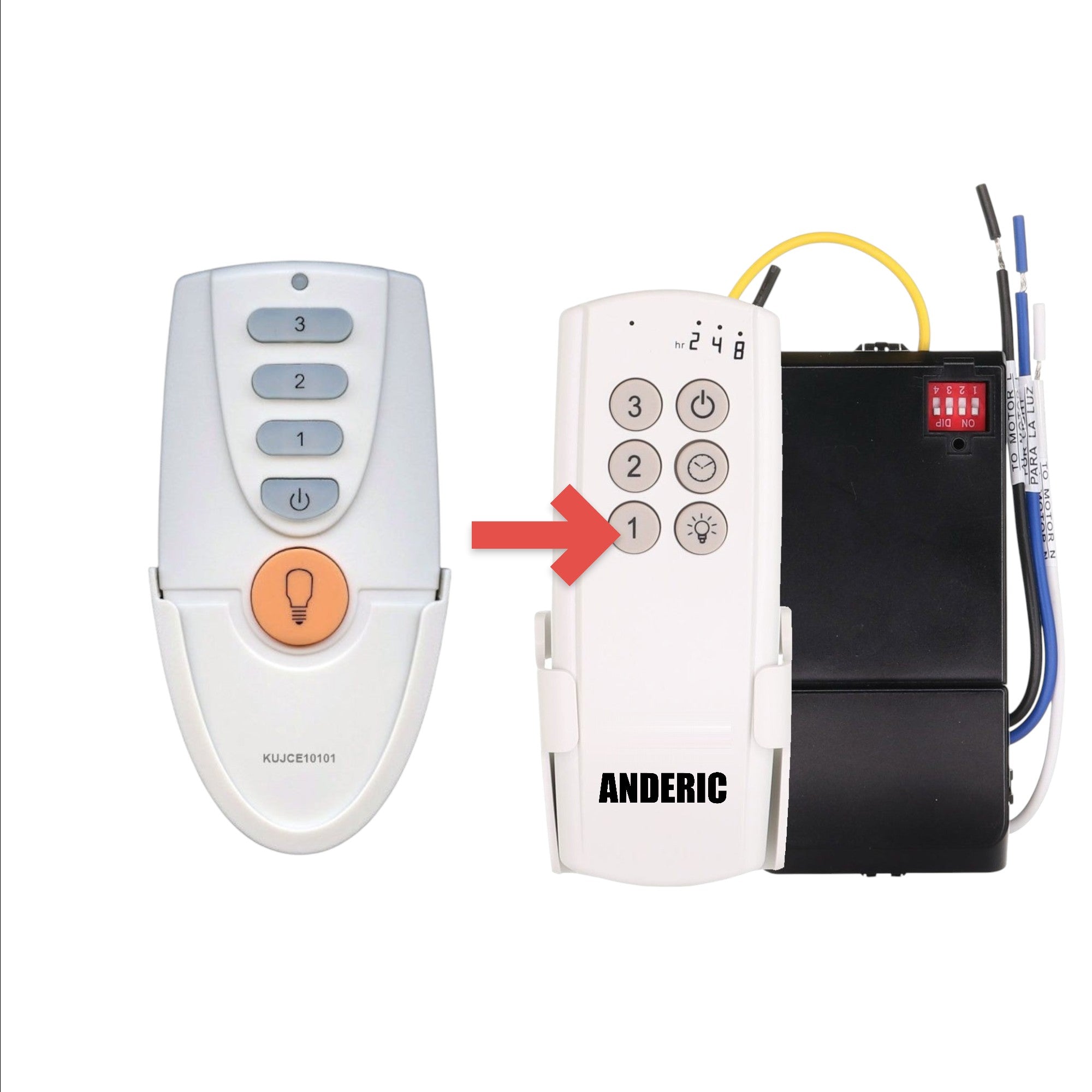 Anderic replacement remote for Hampton Bay KUJCE10101 ceiling fan with speed buttons and light dimming control.