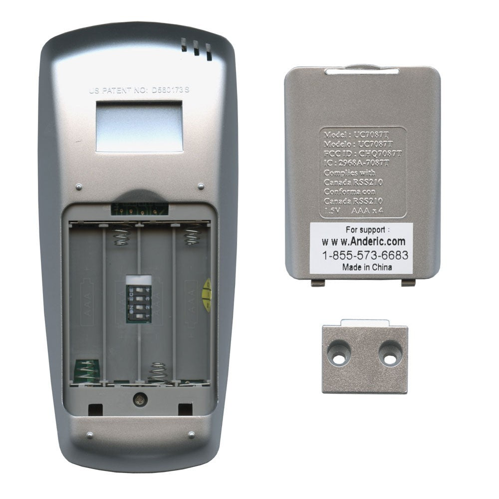 Anderic replacement remote control for Hampton Bay ceiling fans showing the battery compartment and back cover.