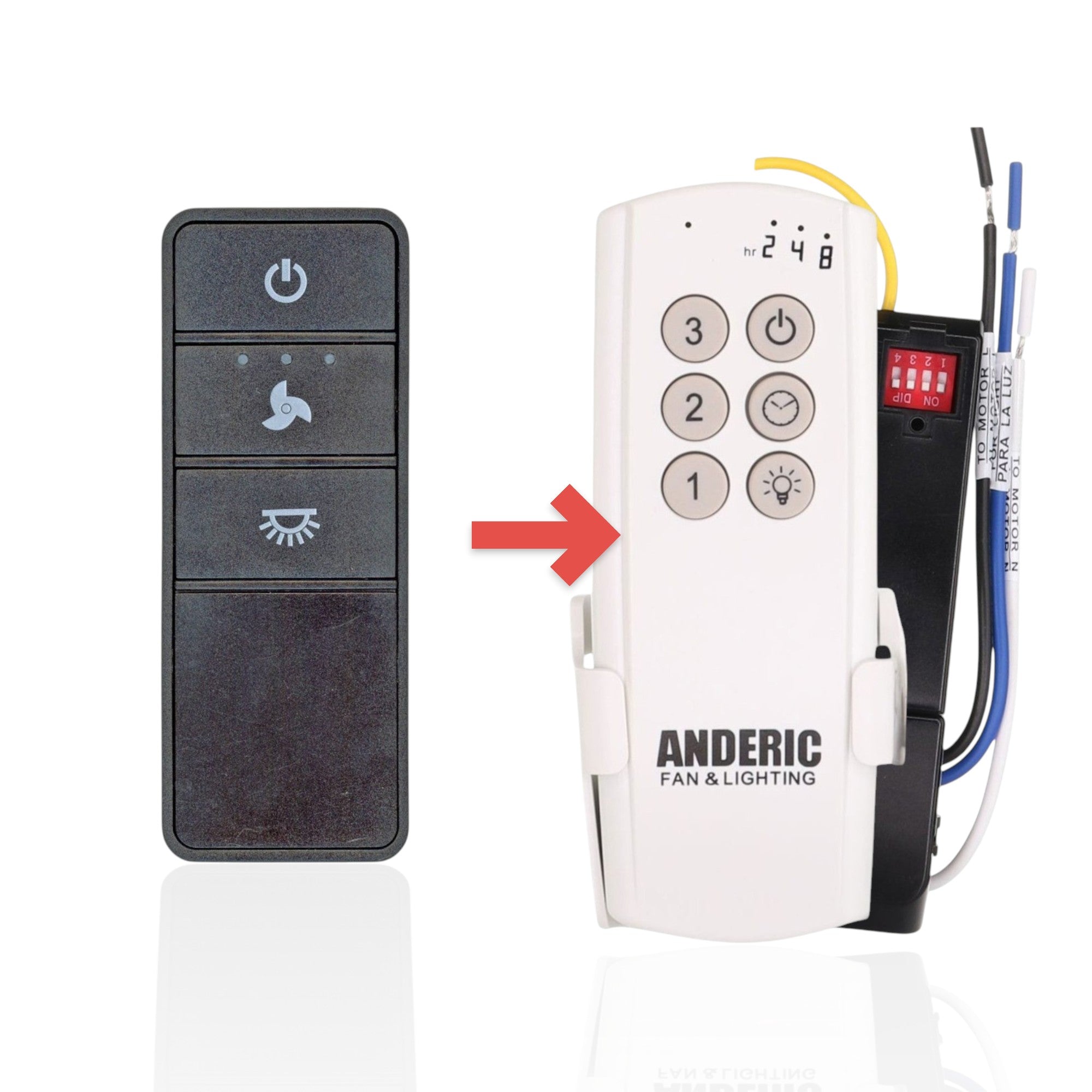 Anderic replacement remote control for Hampton Bay ceiling fans with power, fan speed, and light dimming buttons.