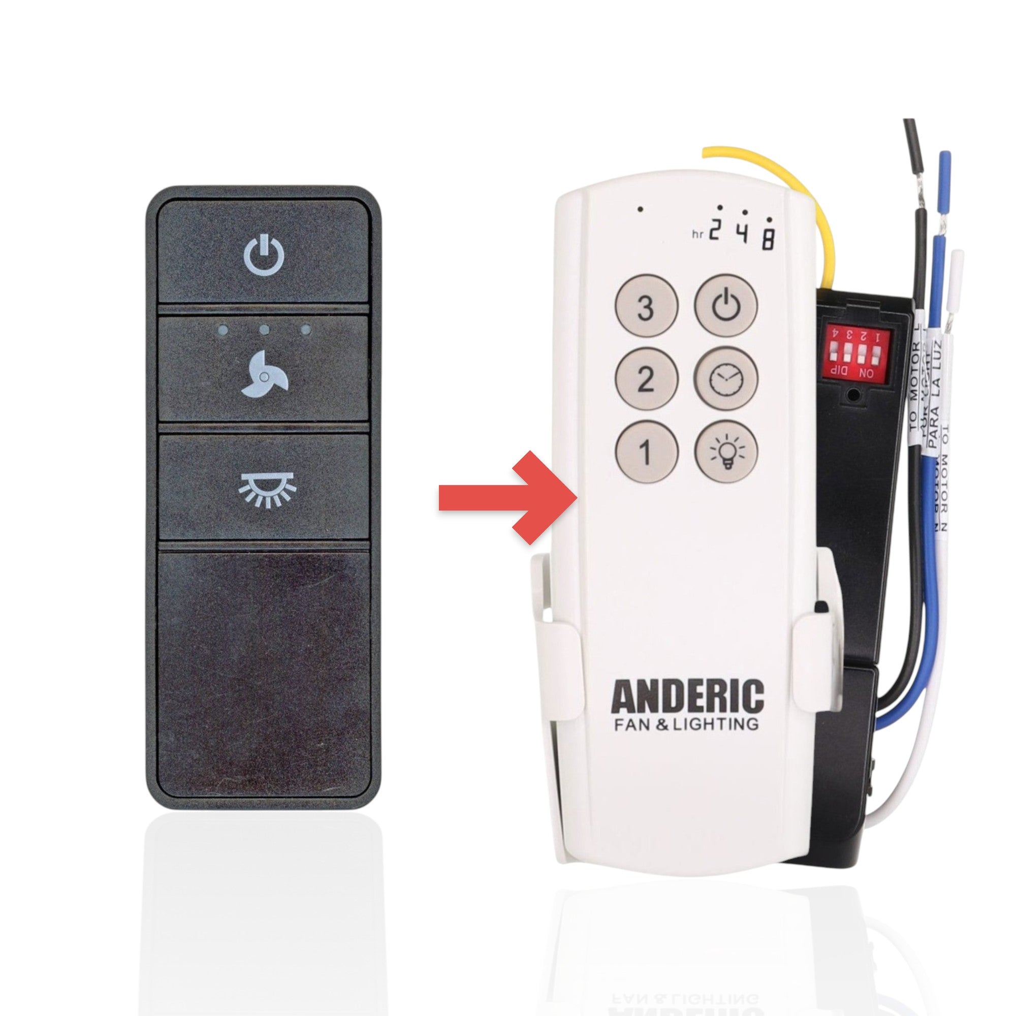 Anderic replacement remote control for Hampton Bay ceiling fans with fan speed and light dimming buttons.