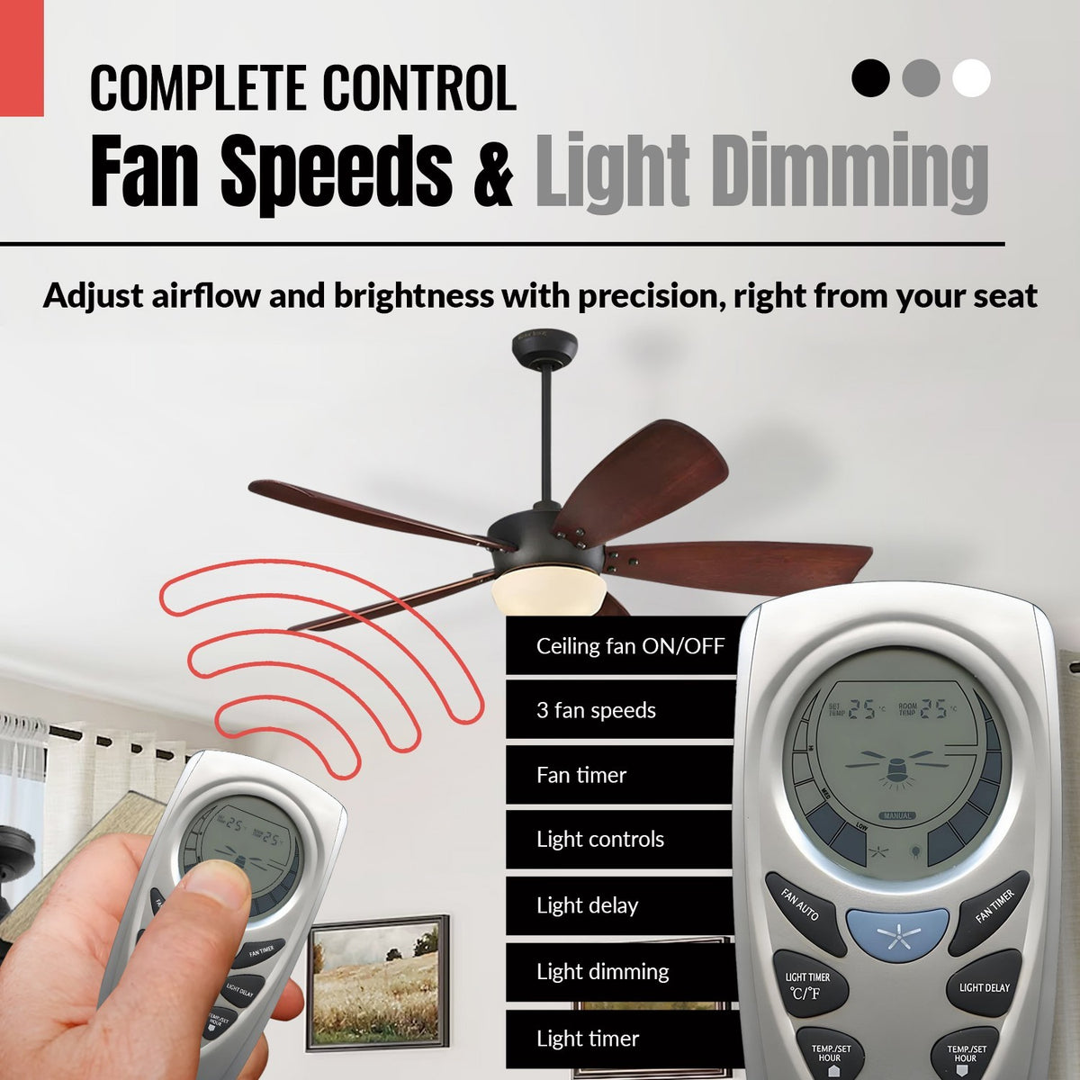 Anderic replacement remote for Hampton Bay ceiling fans showing fan speed, light dimming, and timer control buttons.