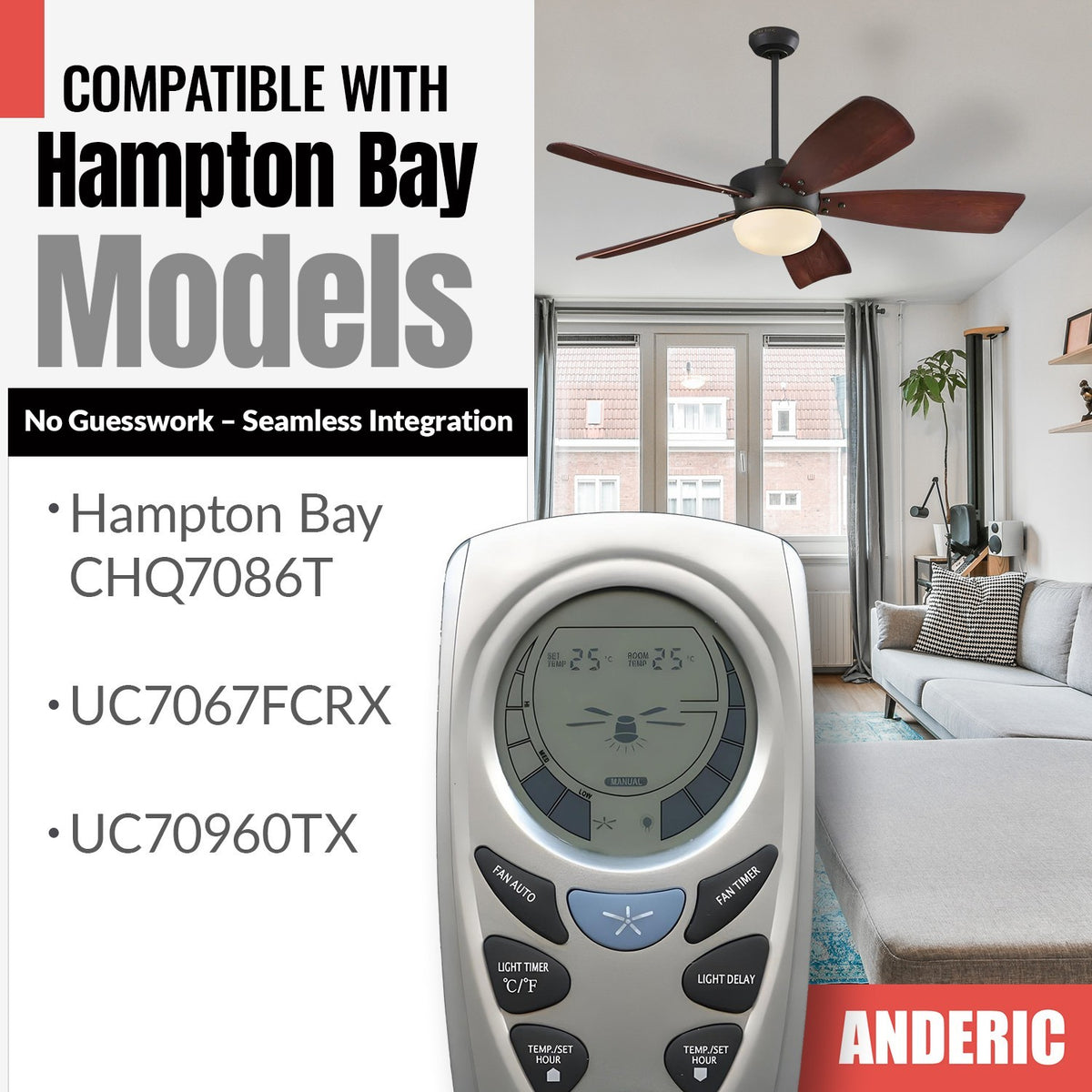 Anderic replacement remote control for Hampton Bay ceiling fans featuring a digital display and button interface.