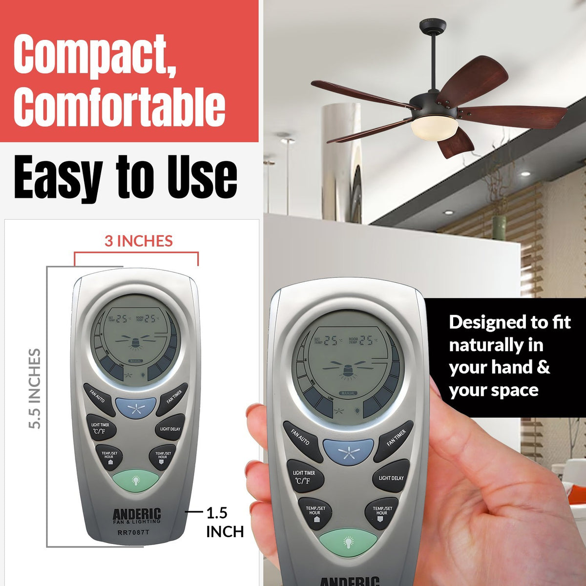 Anderic RR7087T replacement remote for Hampton Bay ceiling fans, showing dimensions, button layout, and LCD screen.