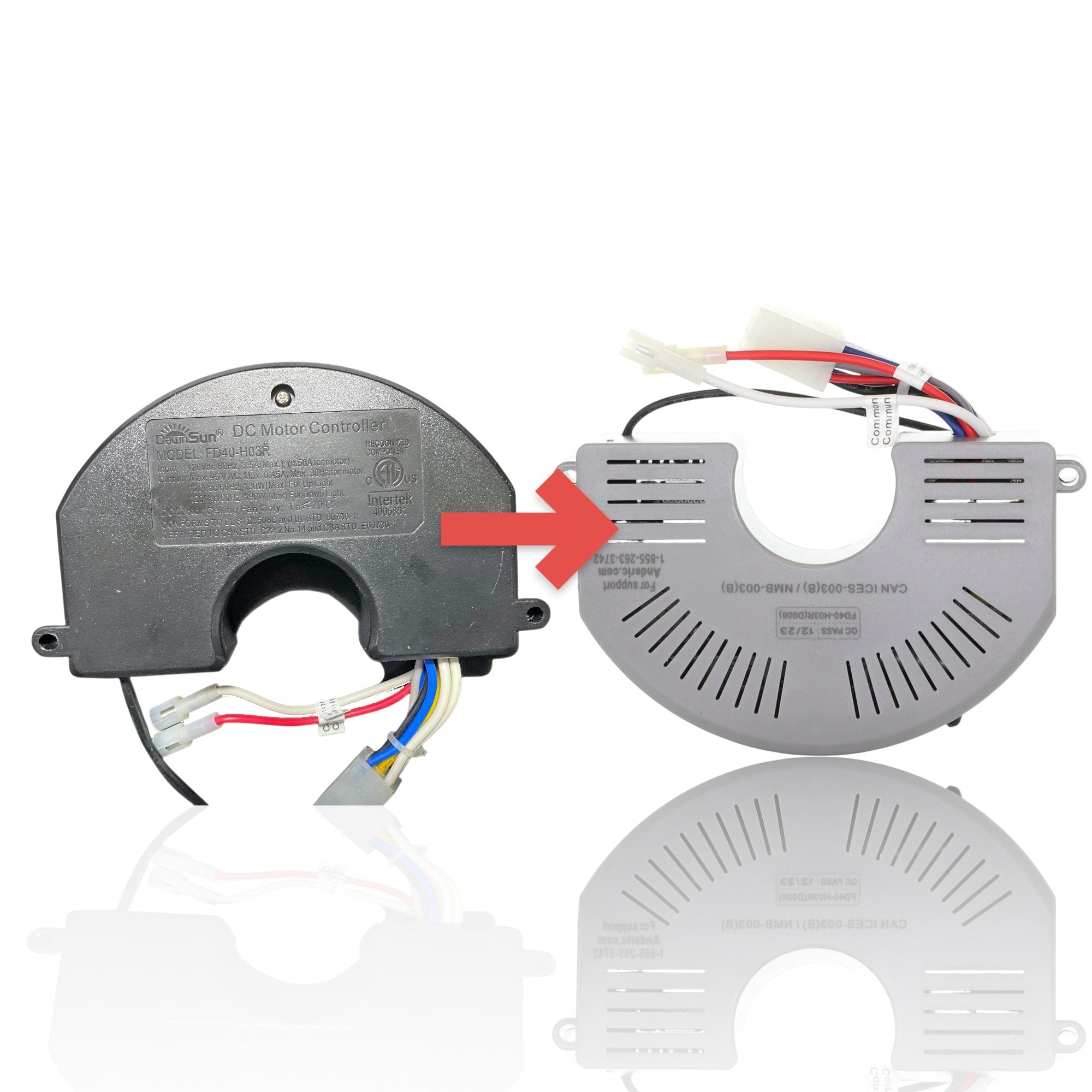Anderic replacement receiver module for Harbor Breeze Wakefield ceiling fans, showing front and back views.