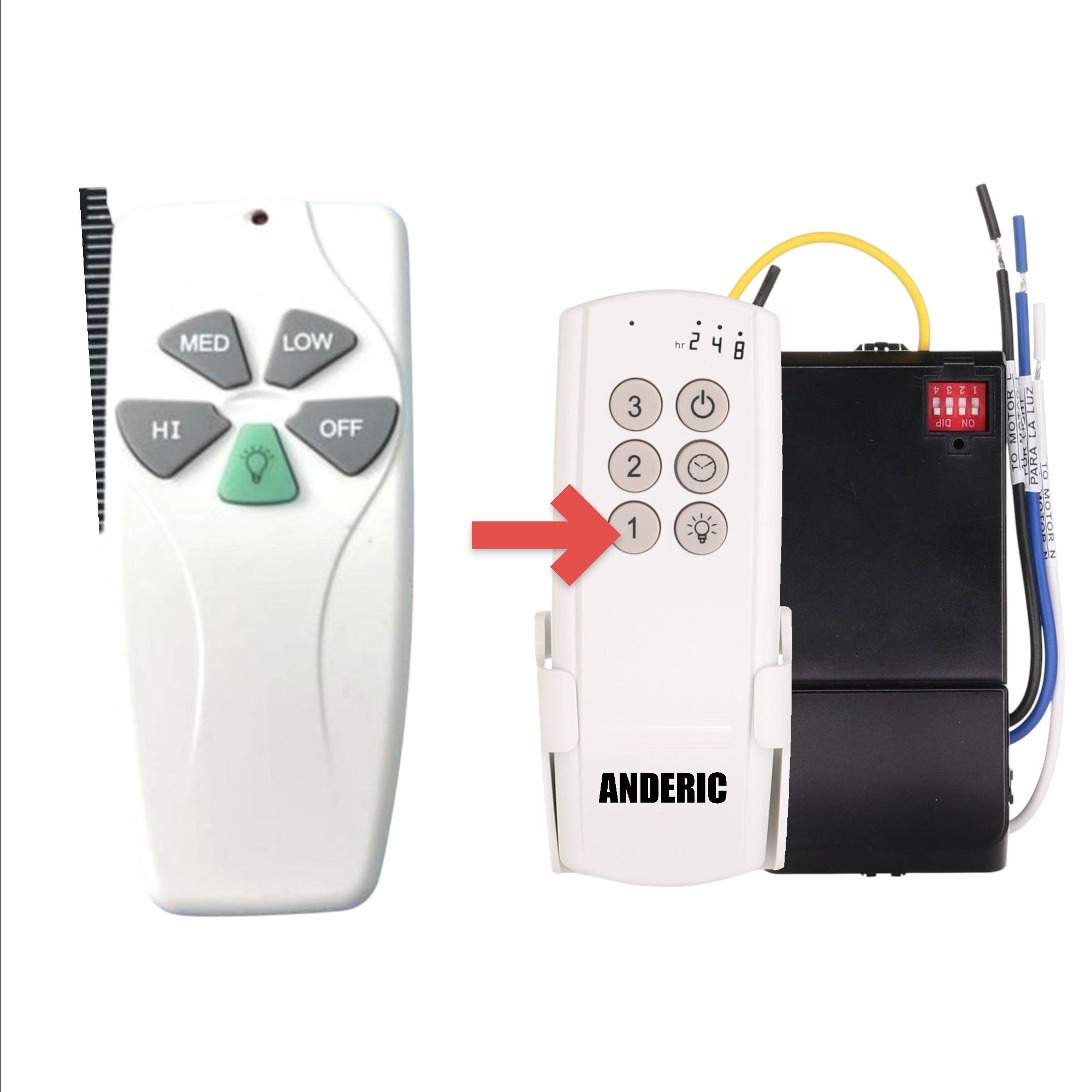 Anderic white ceiling fan remote control with grey speed buttons and a green light button, includes wall mount.