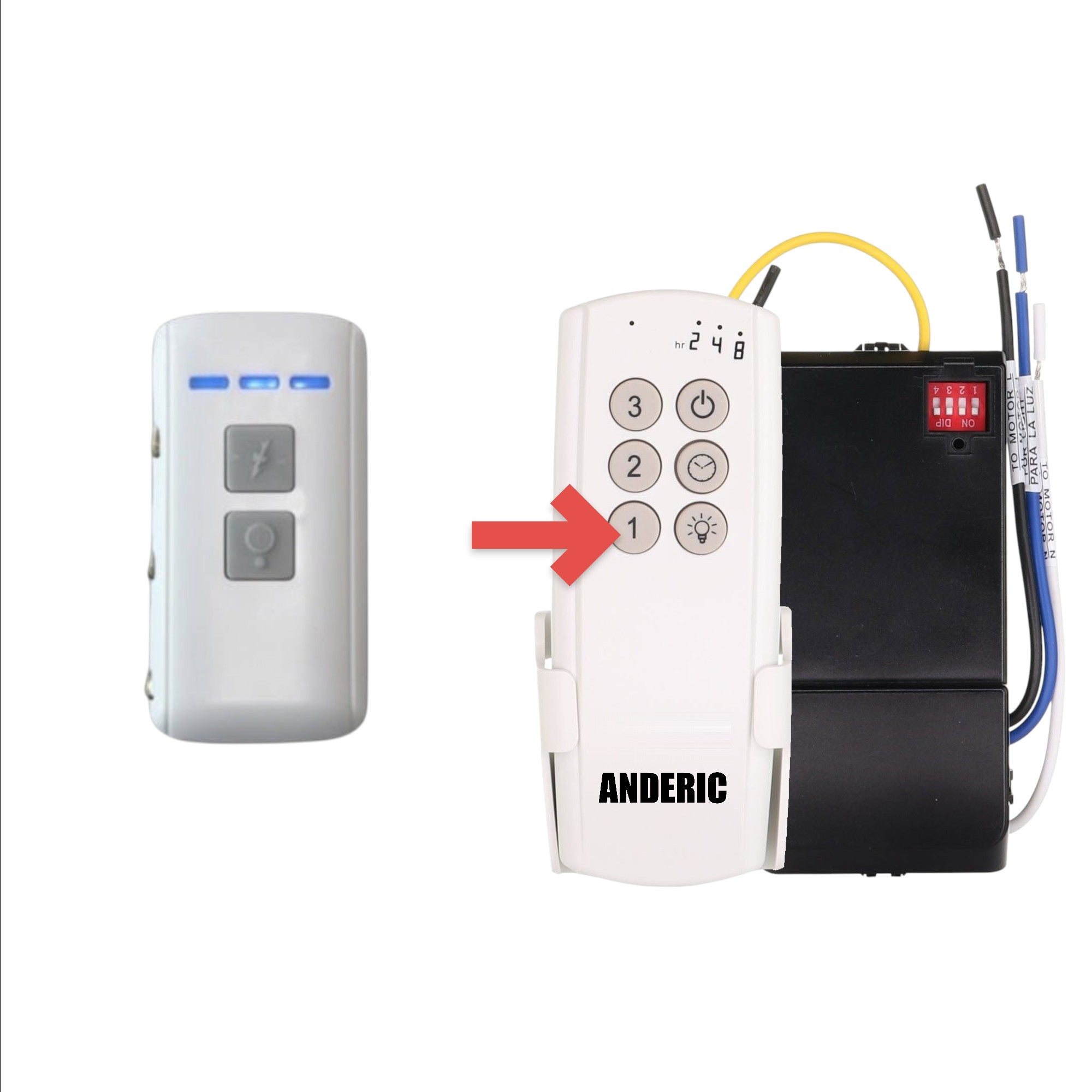 Anderic ceiling fan remote control kit for Harbor Breeze RCI107L with white transmitter and black receiver unit.