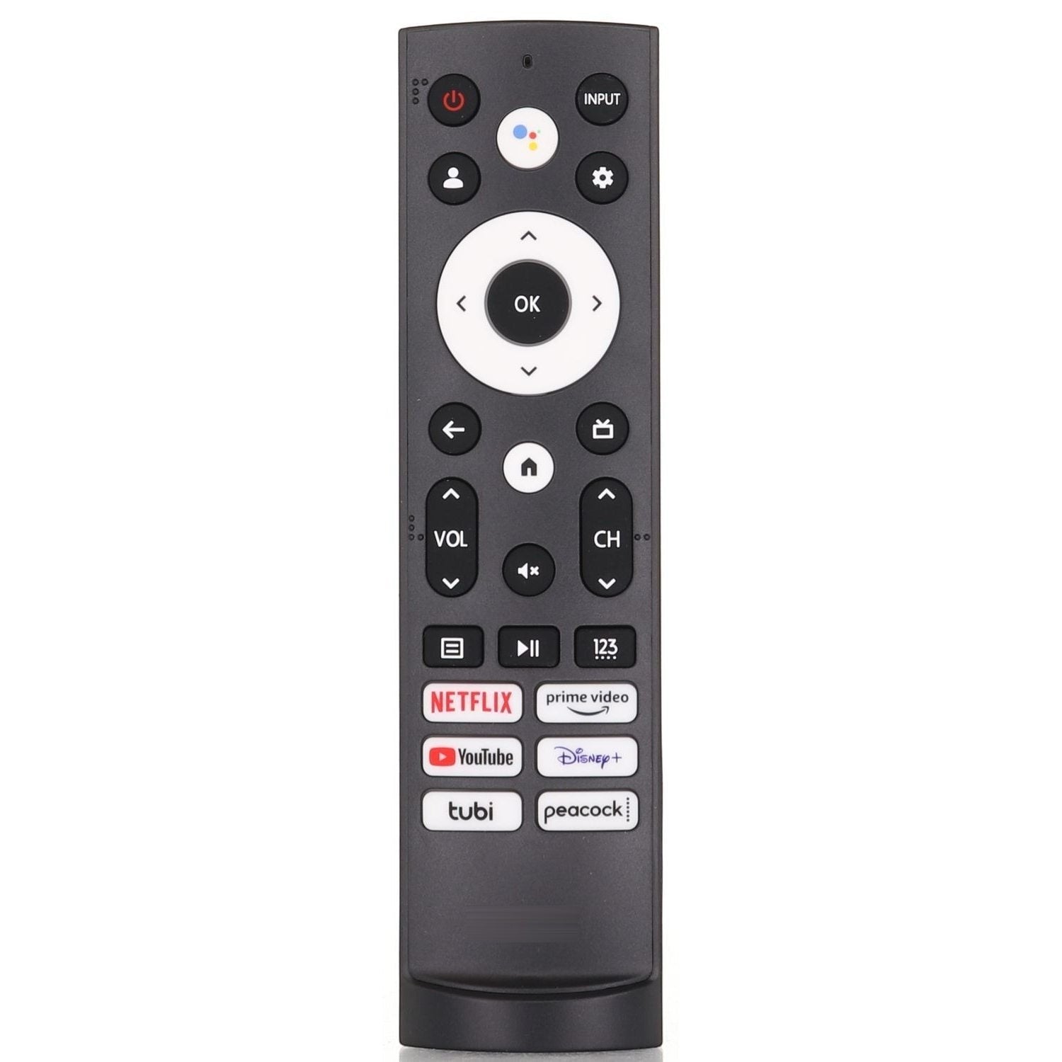 Anderic ERF3M90H voice remote control for Hisense Google Android TV with dedicated streaming app buttons.