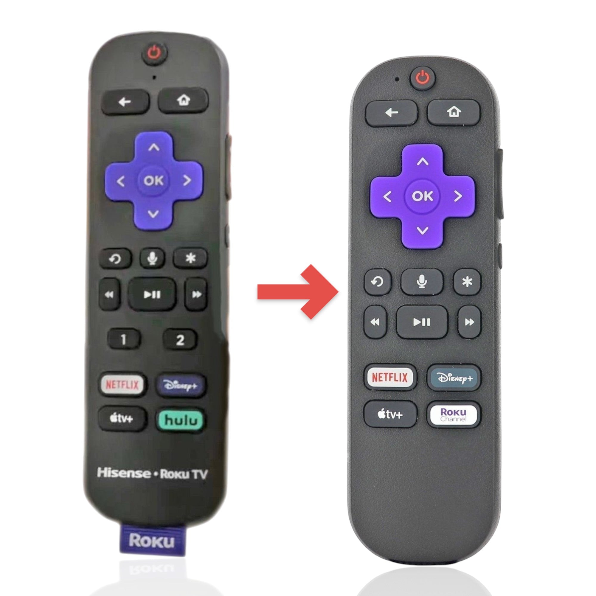 Anderic substitute remote control for Hisense Roku TV featuring voice command, purple directional pad, and app buttons