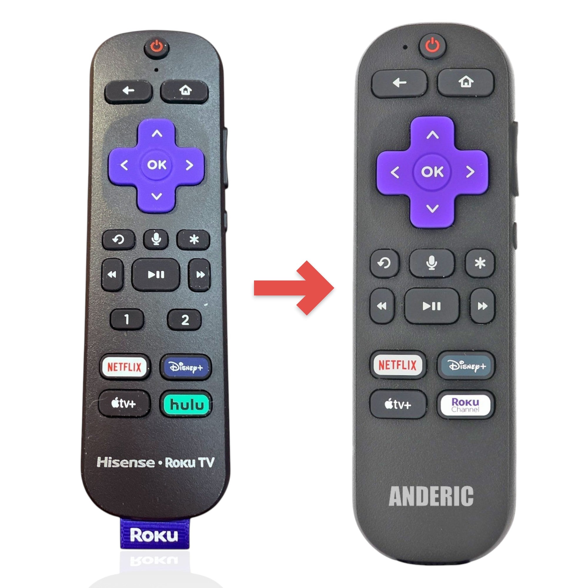 Anderic black universal remote control for Hisense Roku TV with purple directional pad and streaming app buttons