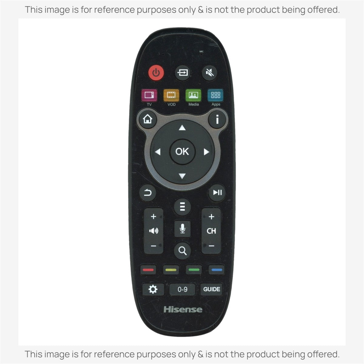 Anderic black IR substitute remote control for Hisense TVs featuring standard navigation and media buttons