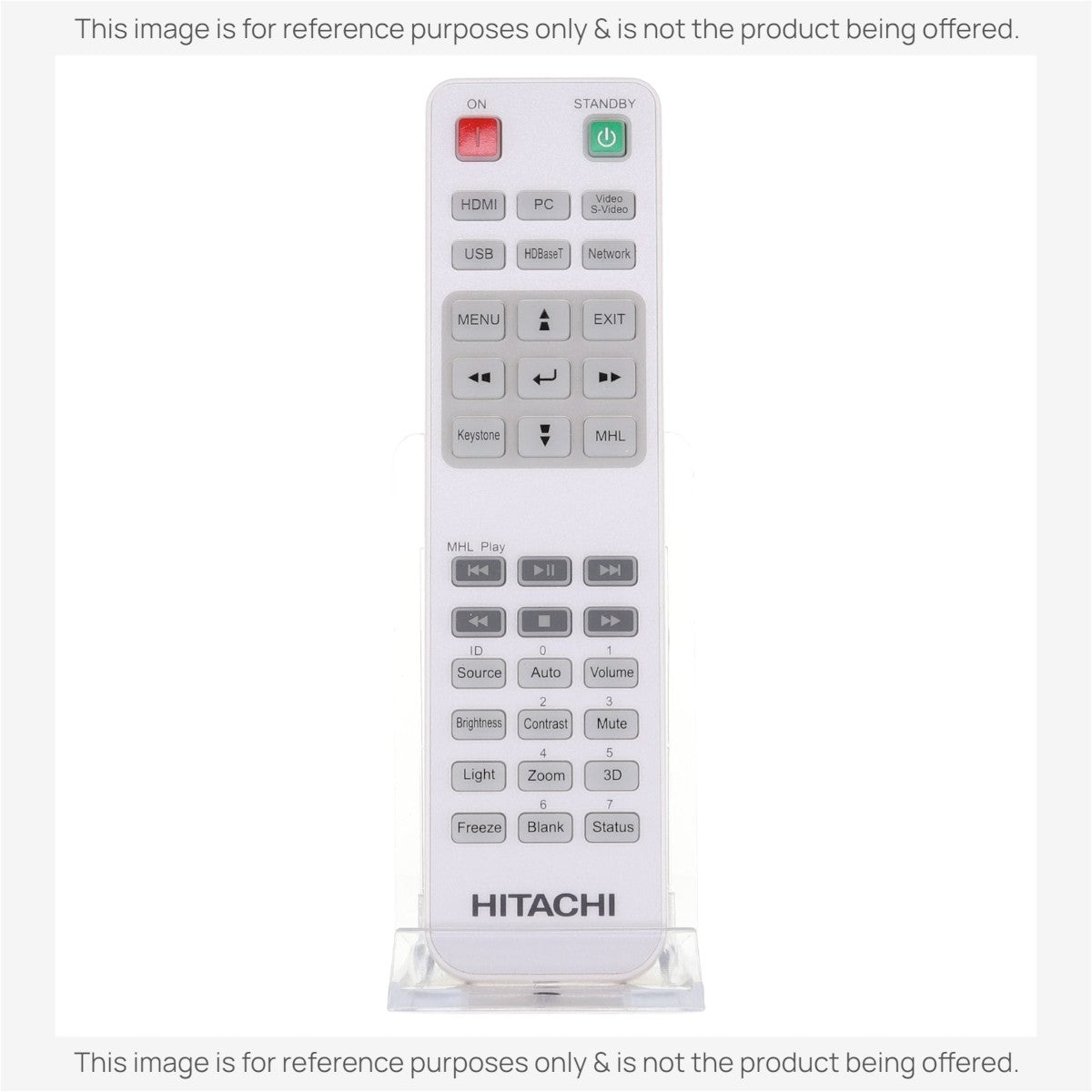 Anderic RR3720 white universal replacement remote control for Hitachi projectors with labeled function buttons.