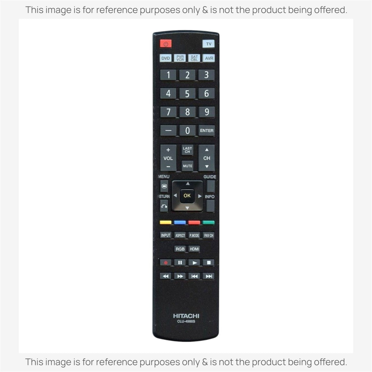 Anderic substitute black remote control for Hitachi CLU-4986S TVs with standard navigation and media buttons.