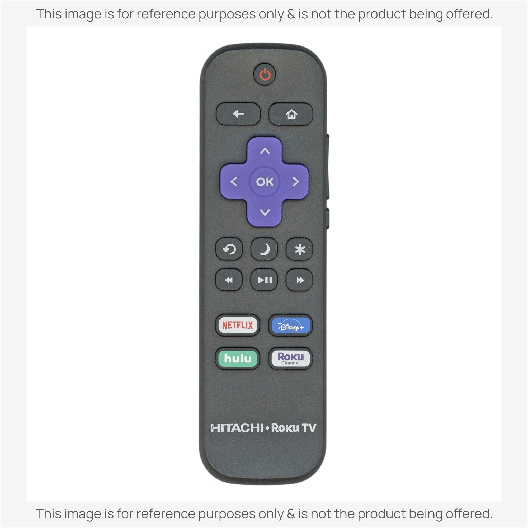 Anderic replacement remote for Hitachi Roku TV featuring a purple directional pad and streaming shortcut buttons.