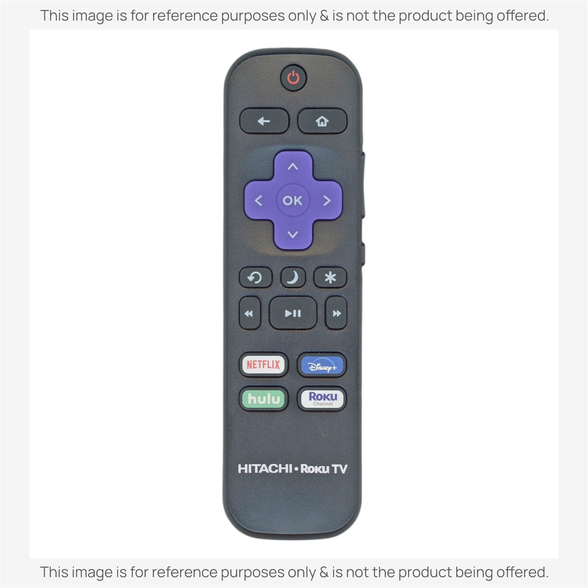 Anderic replacement infrared remote for Hitachi Roku TV featuring purple navigation keys and streaming app buttons.
