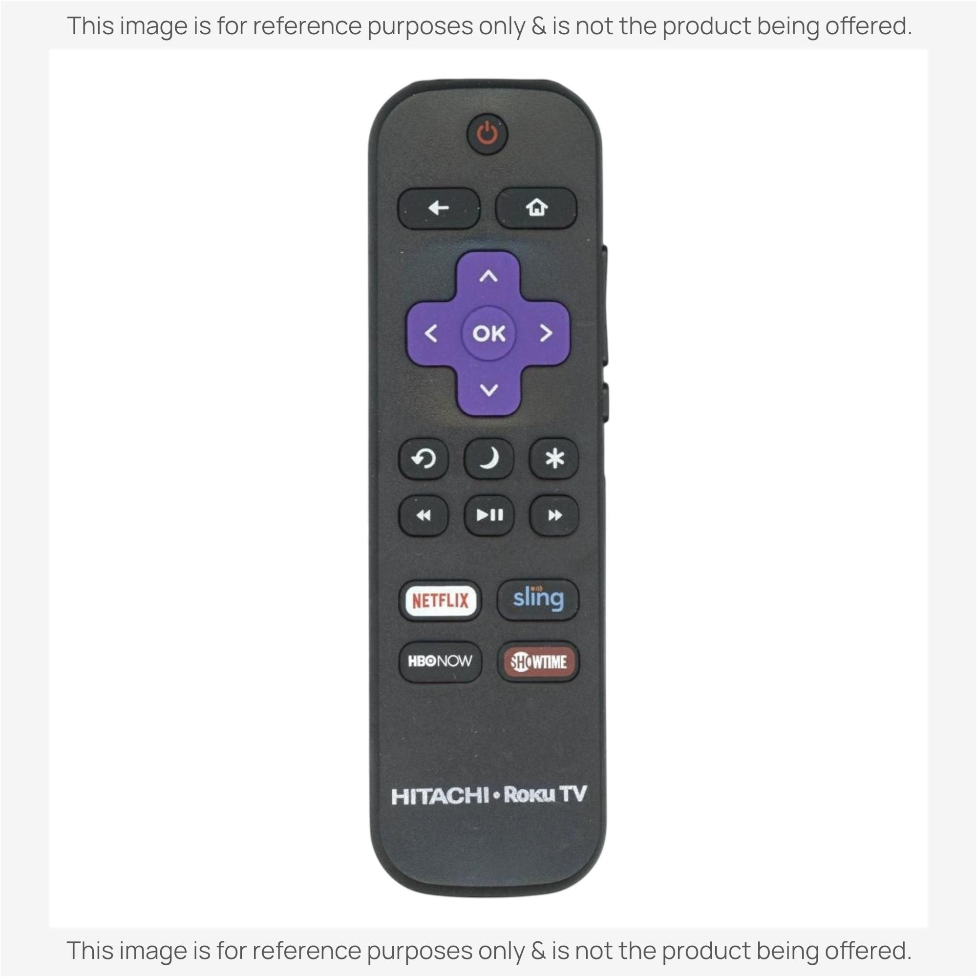 Anderic replacement remote control for Hitachi Roku TV featuring a purple navigation pad and streaming app buttons.