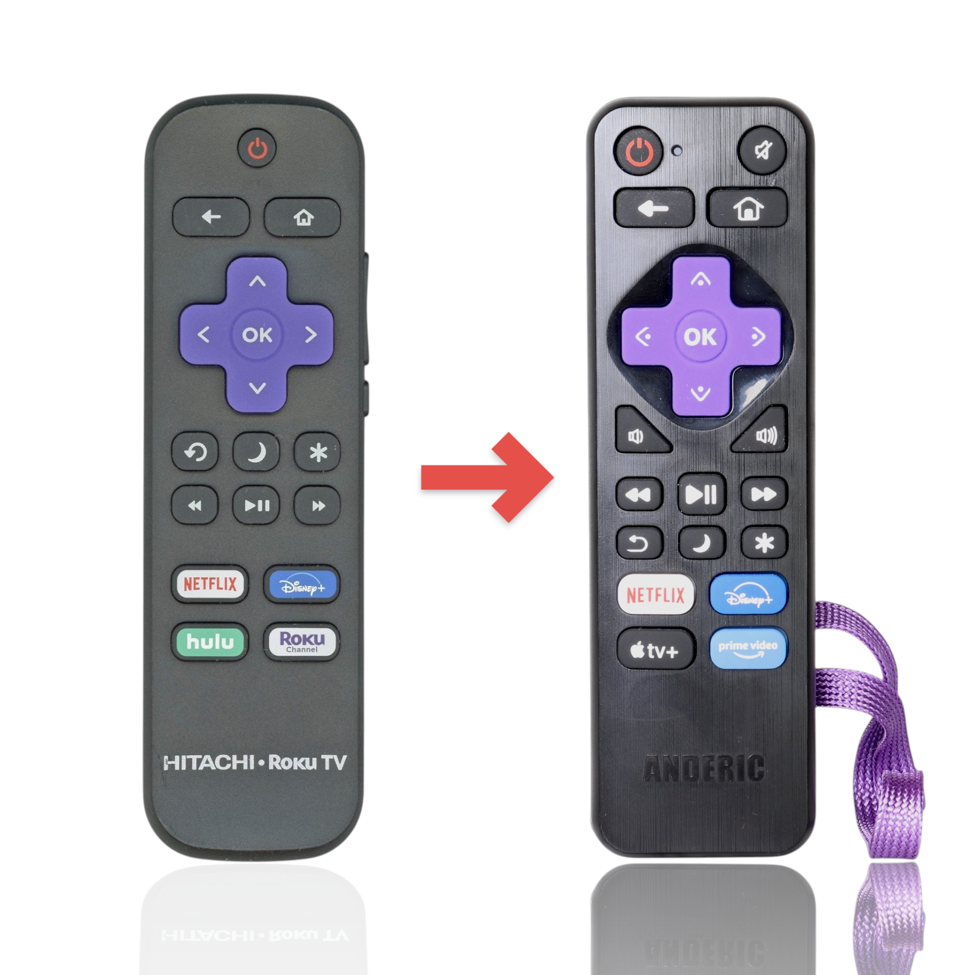 Anderic replacement IR remote for Hitachi Roku TV featuring a purple directional pad and streaming shortcut buttons.