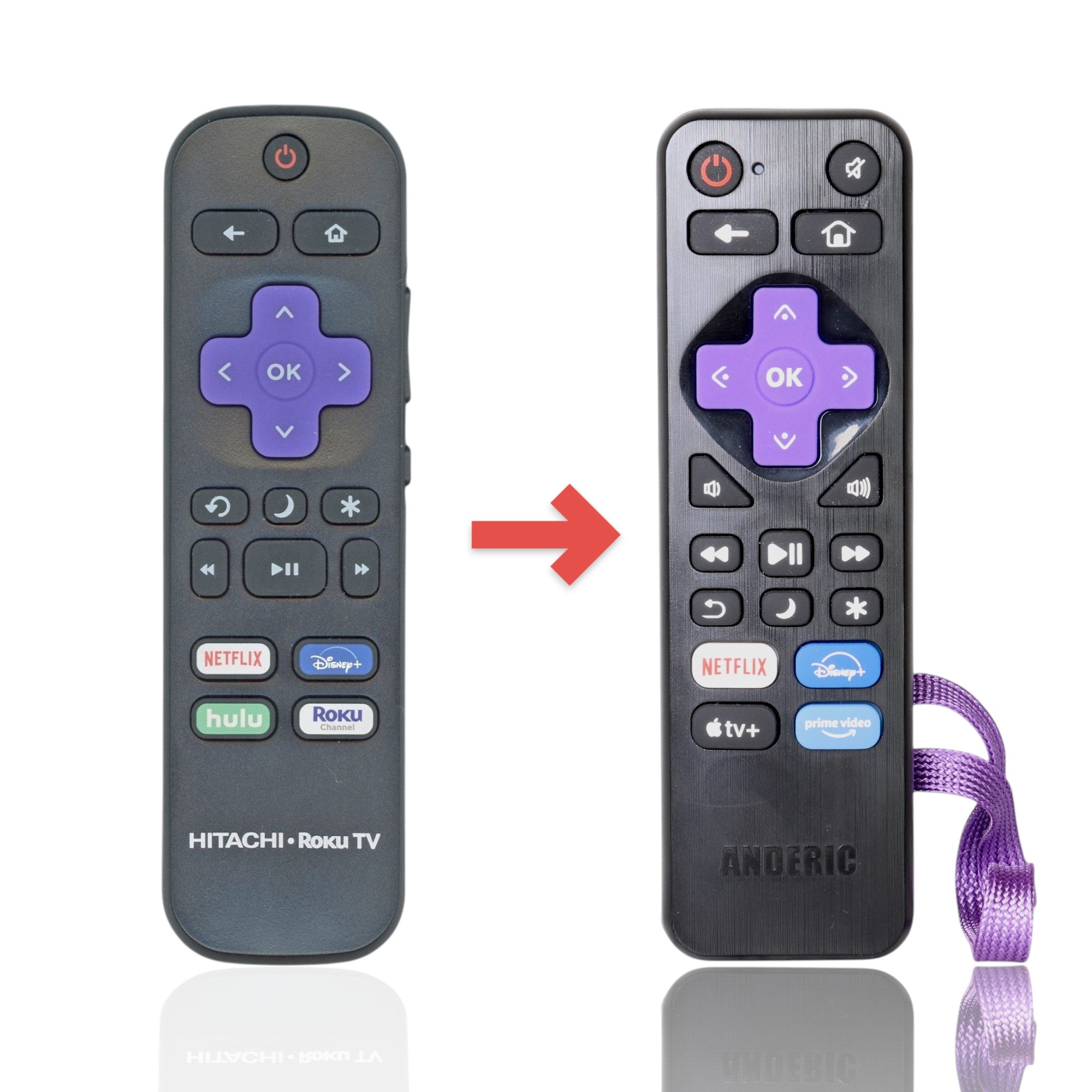 Anderic replacement remote for Hitachi Roku TV with purple directional pad and dedicated streaming app buttons