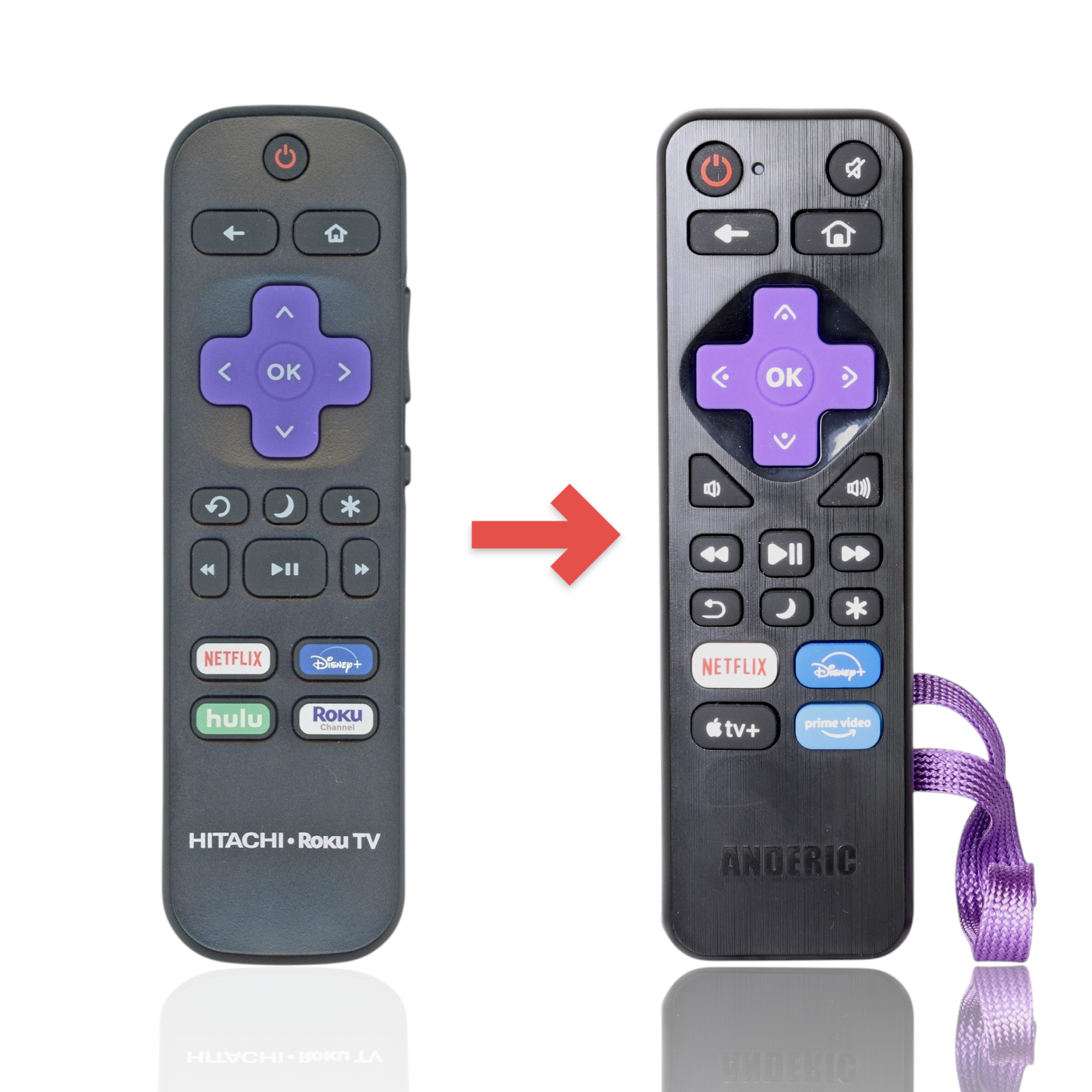 Anderic replacement remote for Hitachi Roku TV with purple directional pad and dedicated streaming app buttons