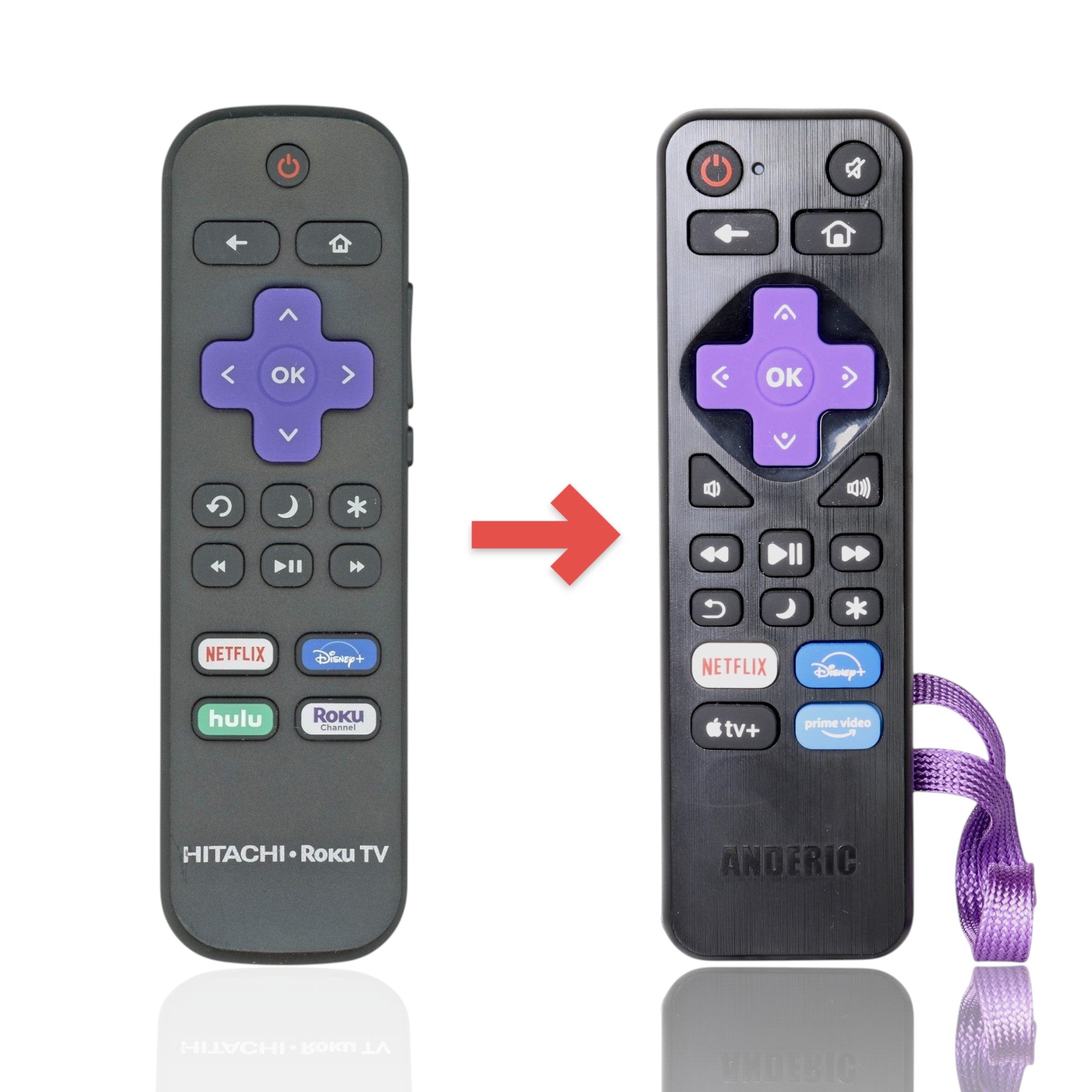 Anderic replacement IR remote for Hitachi Roku TV featuring a purple directional pad and streaming shortcut buttons.