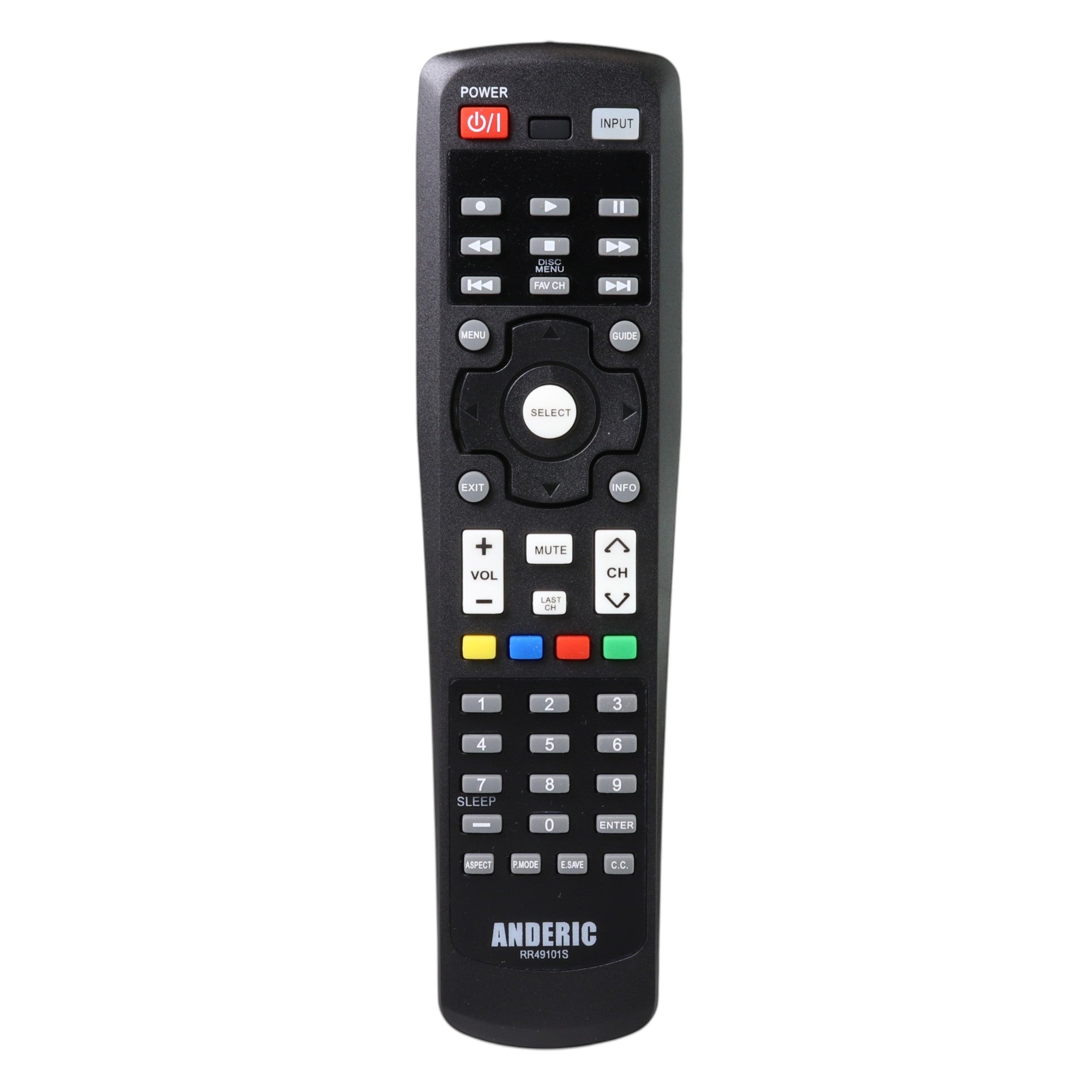 Anderic RR49101S replacement TV remote control for Hitachi televisions with standard button layout and black finish.