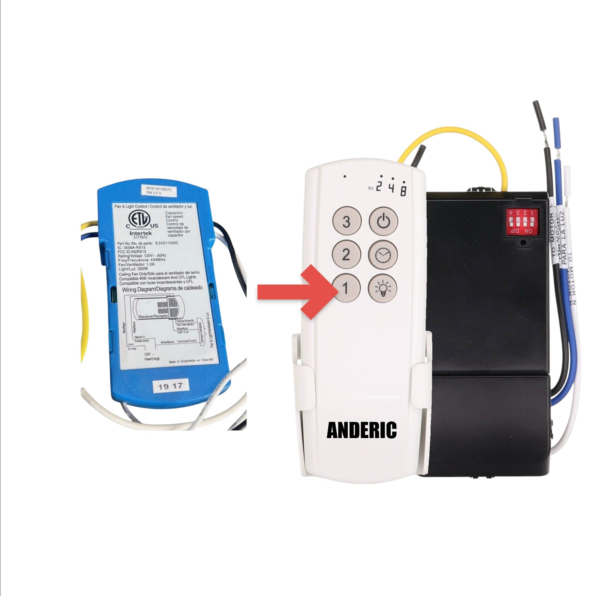 Anderic ceiling fan receiver module K243115000 for Hunter 99370, blue plastic housing with wiring diagram label.